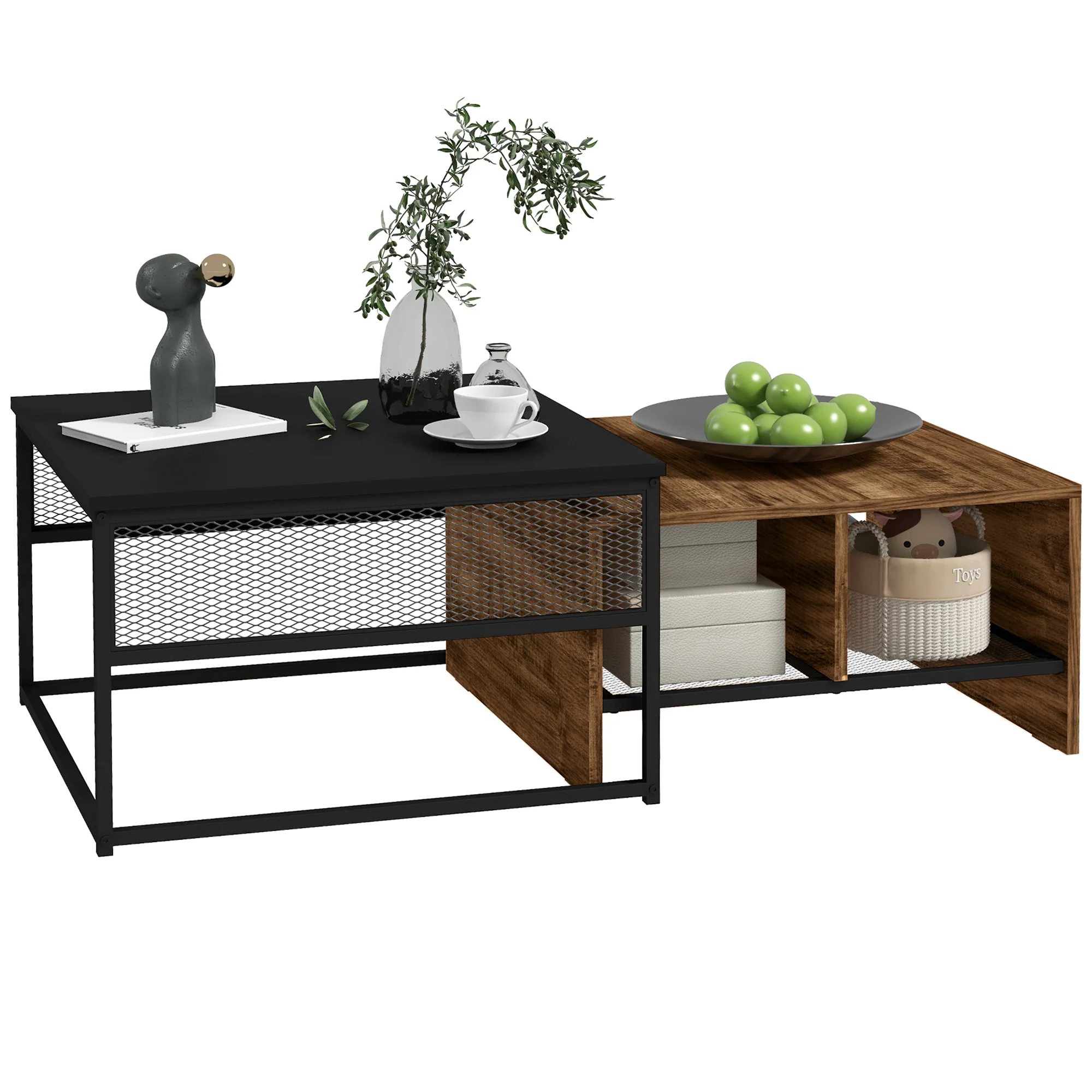 Industrial Nesting Tables Set with Storage Mesh Shelves, Rustic Brown