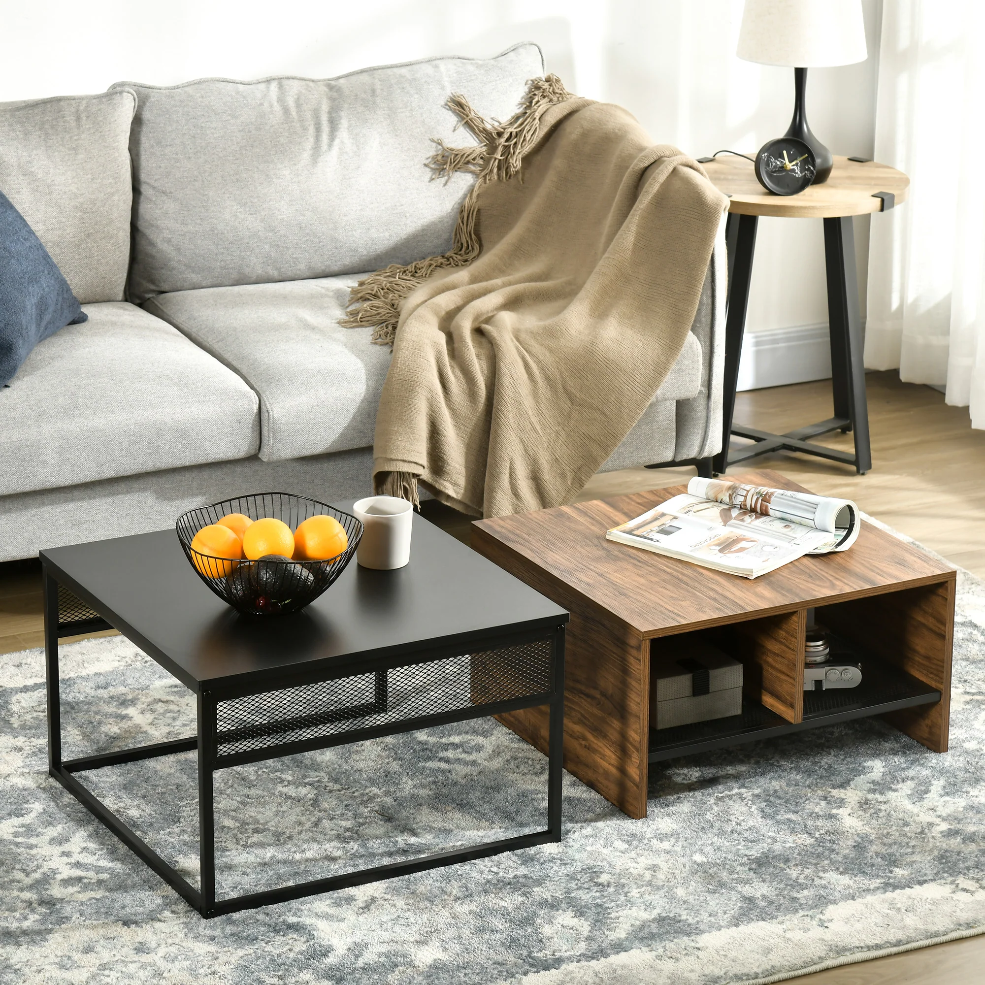 Industrial Nesting Tables Set with Storage Mesh Shelves, Rustic Brown - Image 10