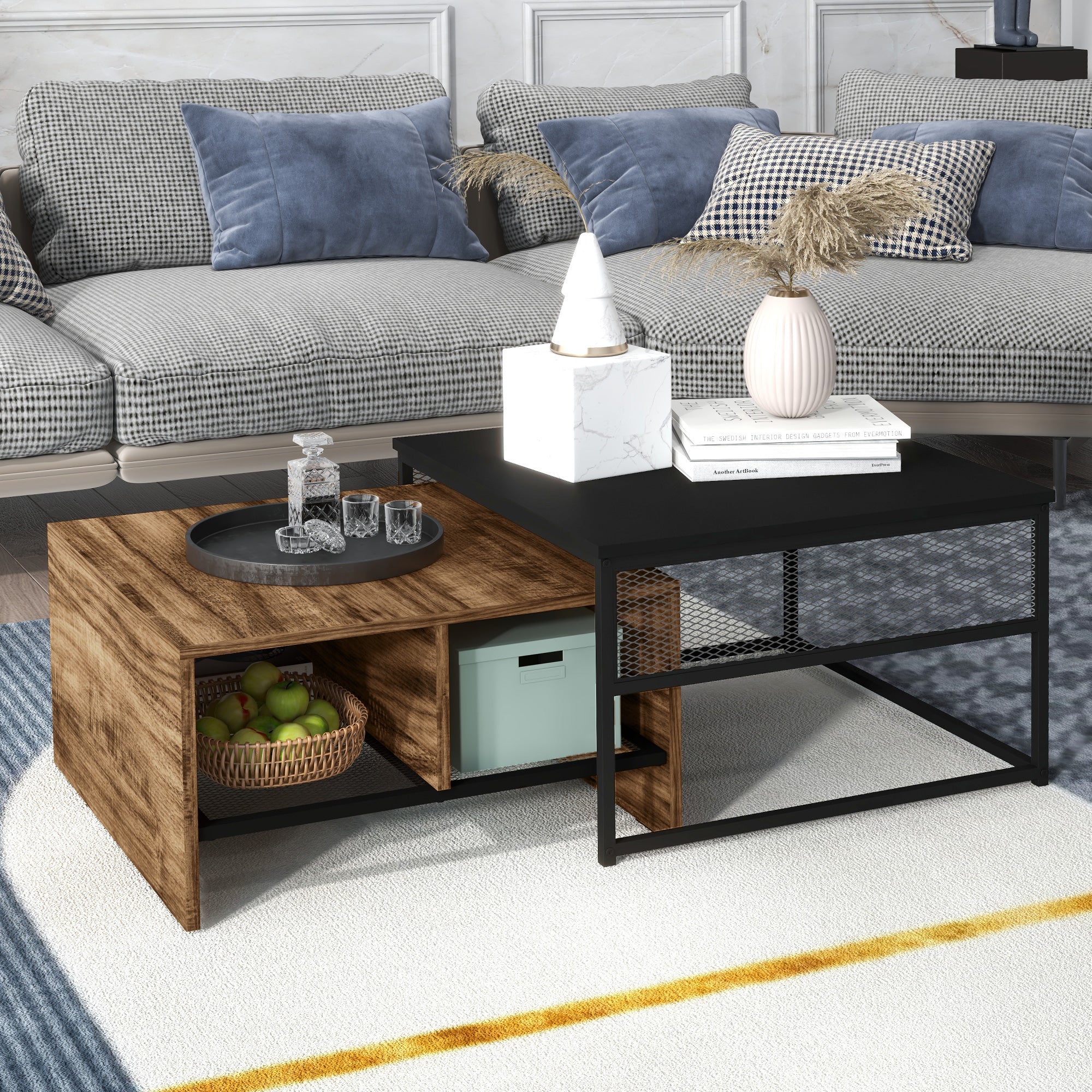 Industrial Nesting Tables Set with Storage Mesh Shelves, Rustic Brown - Image 4