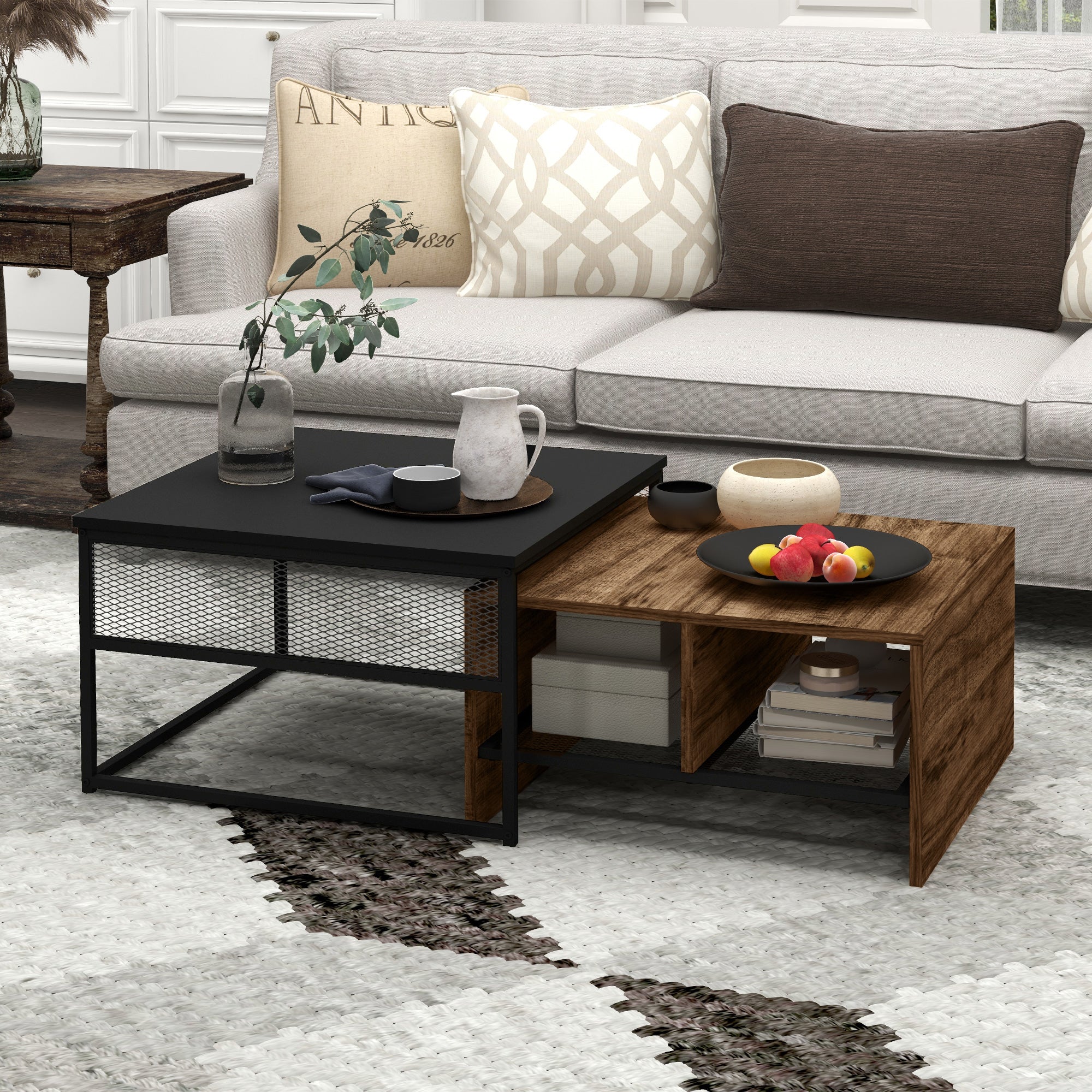 Industrial Nesting Tables Set with Storage Mesh Shelves, Rustic Brown - Image 6