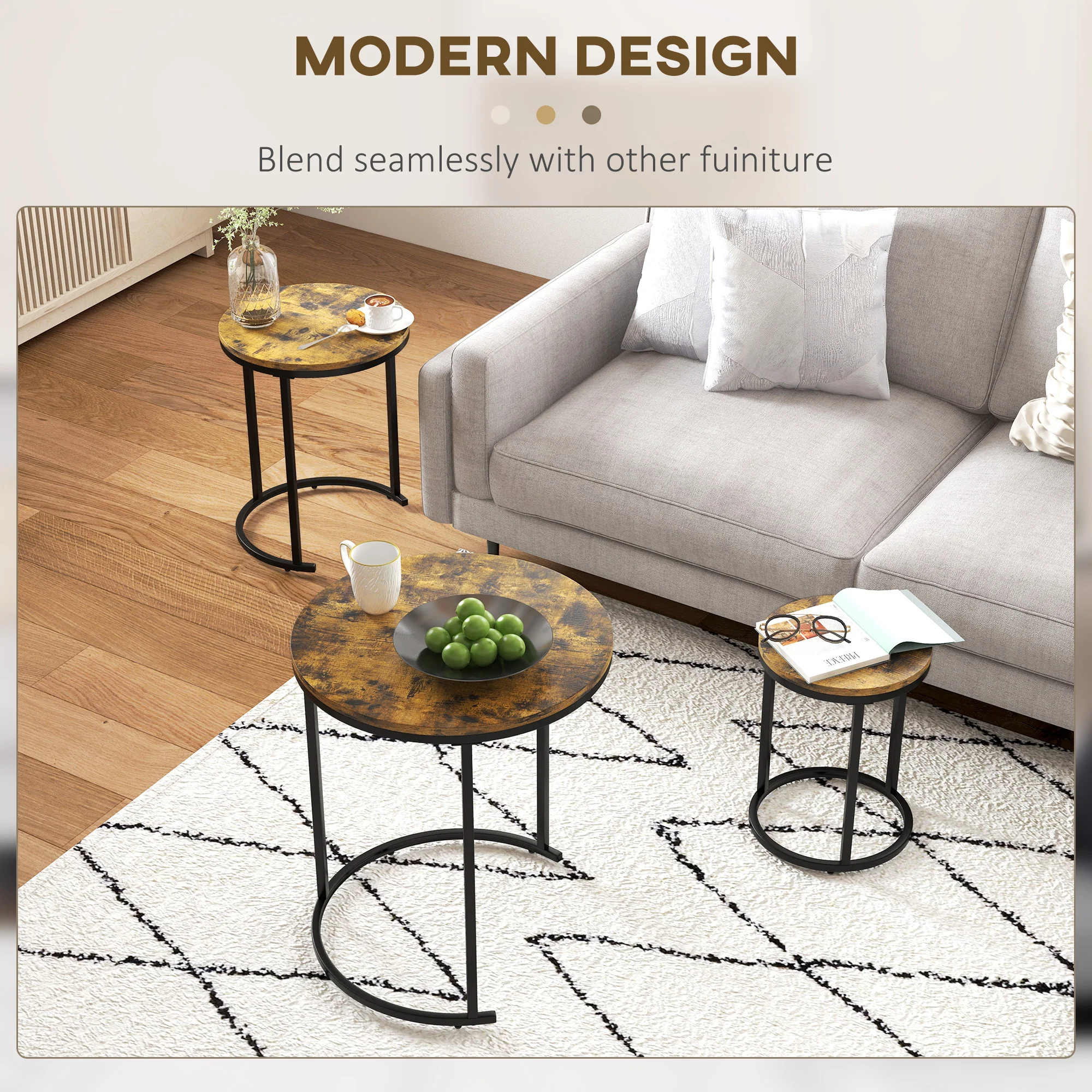 Set of 3 Nesting Tables with Wood Grain Steel Frame, Rustic Brown - Image 7