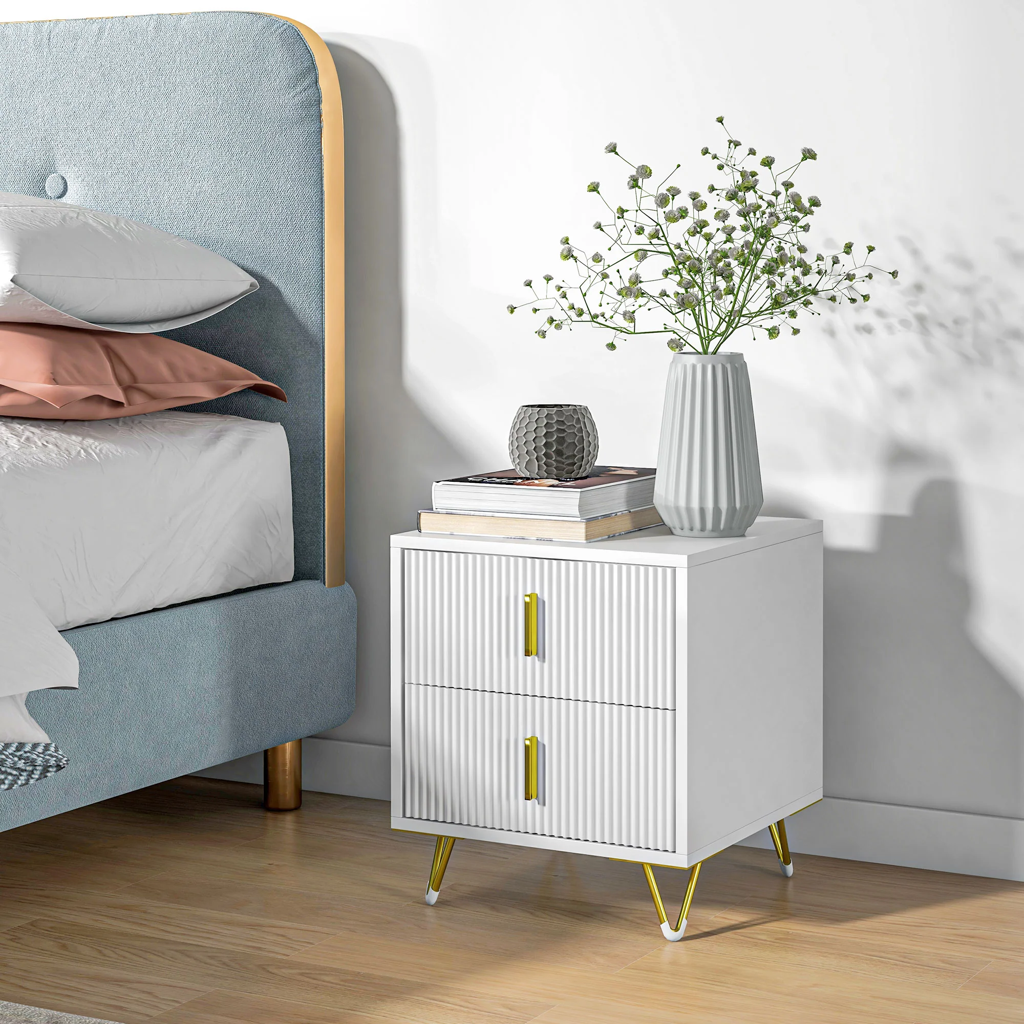 Nightstand, Bedside Table with 2 Drawers, Side End Table with Metal Legs for Bedroom, White - Image 3