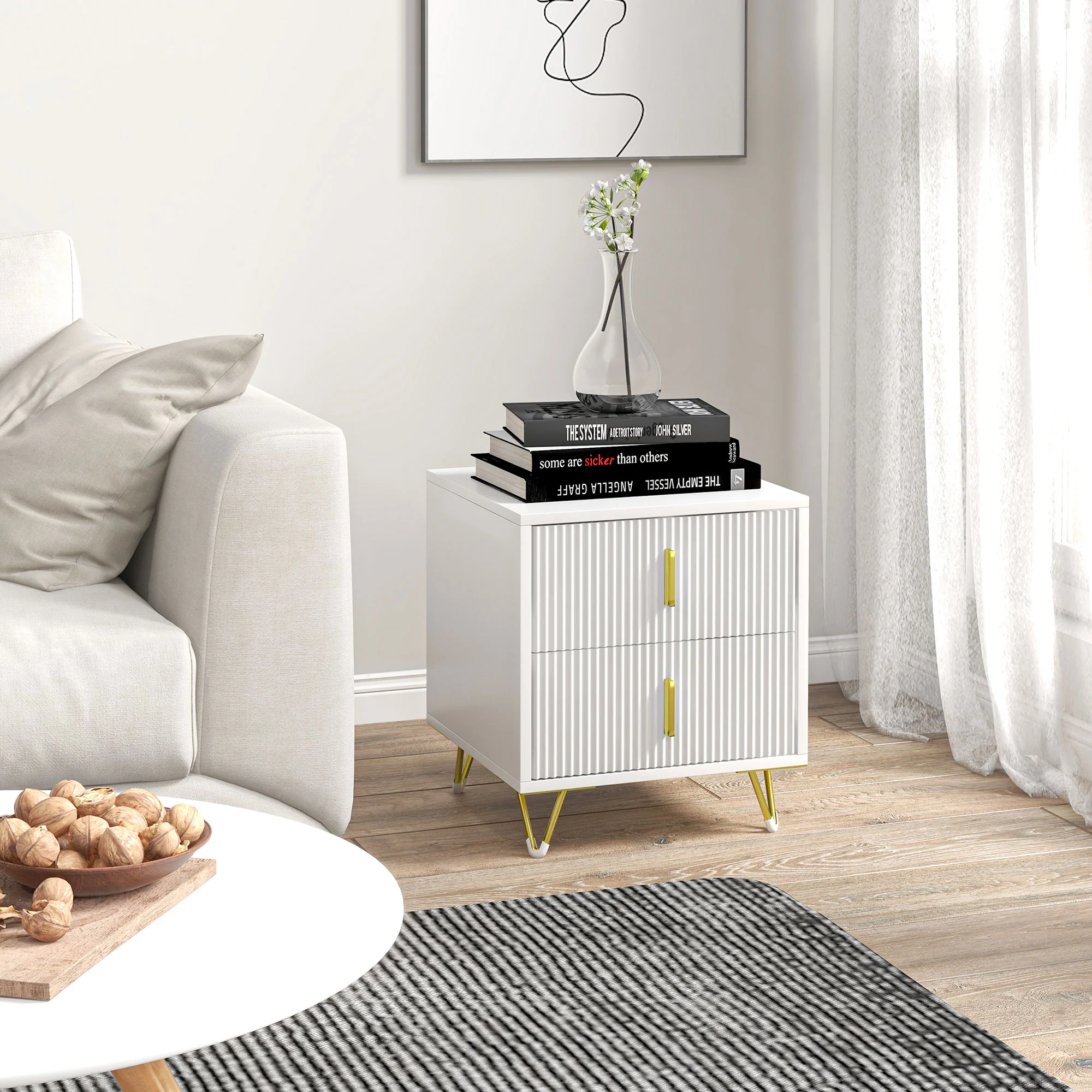Nightstand, Bedside Table with 2 Drawers, Side End Table with Metal Legs for Bedroom, White - Image 4
