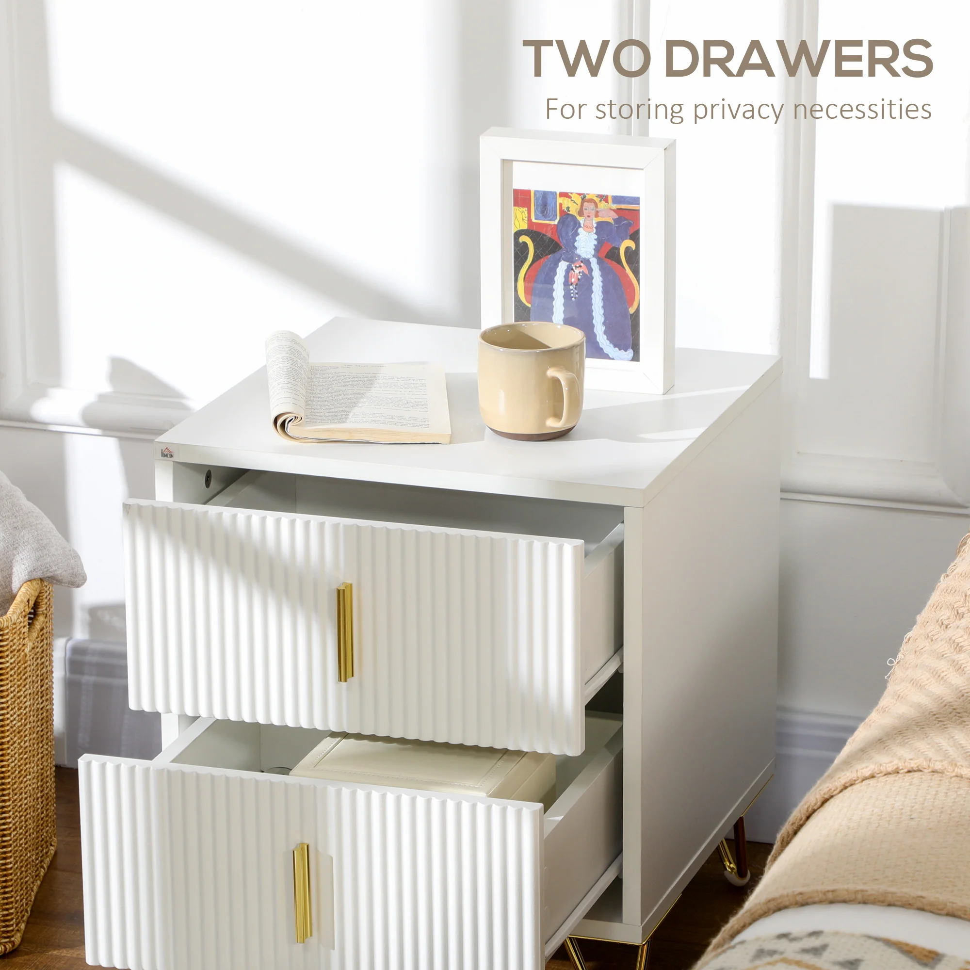 Nightstand, Bedside Table with 2 Drawers, Side End Table with Metal Legs for Bedroom, White - Image 7