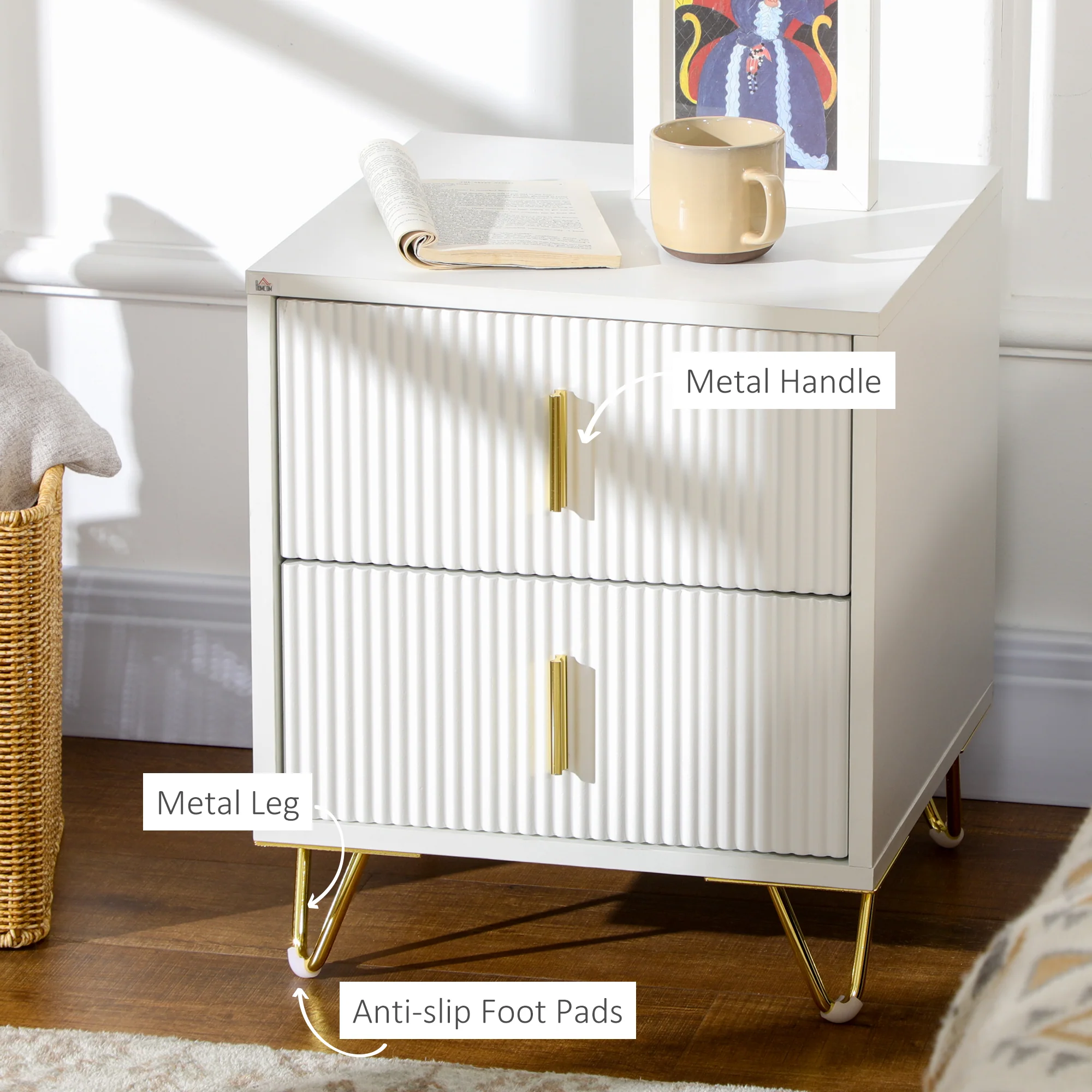 Nightstand, Bedside Table with 2 Drawers, Side End Table with Metal Legs for Bedroom, White - Image 8