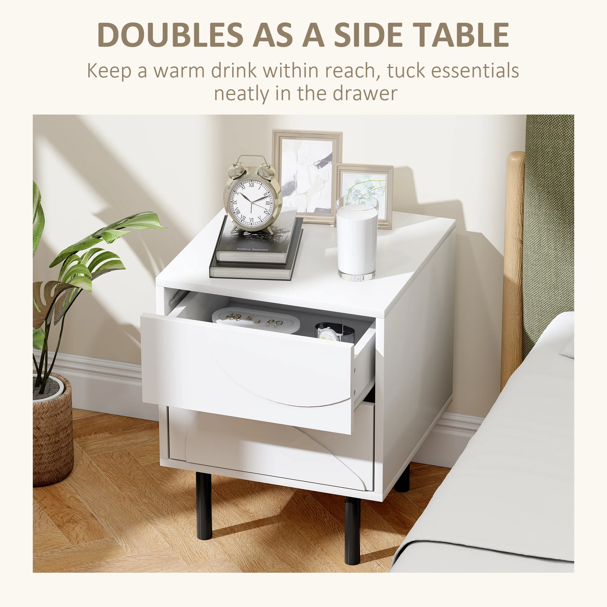 Nightstand Set of 2 with Push-to-Open Drawers and Steel Legs for Living Room, Bedroom, White - Image 7