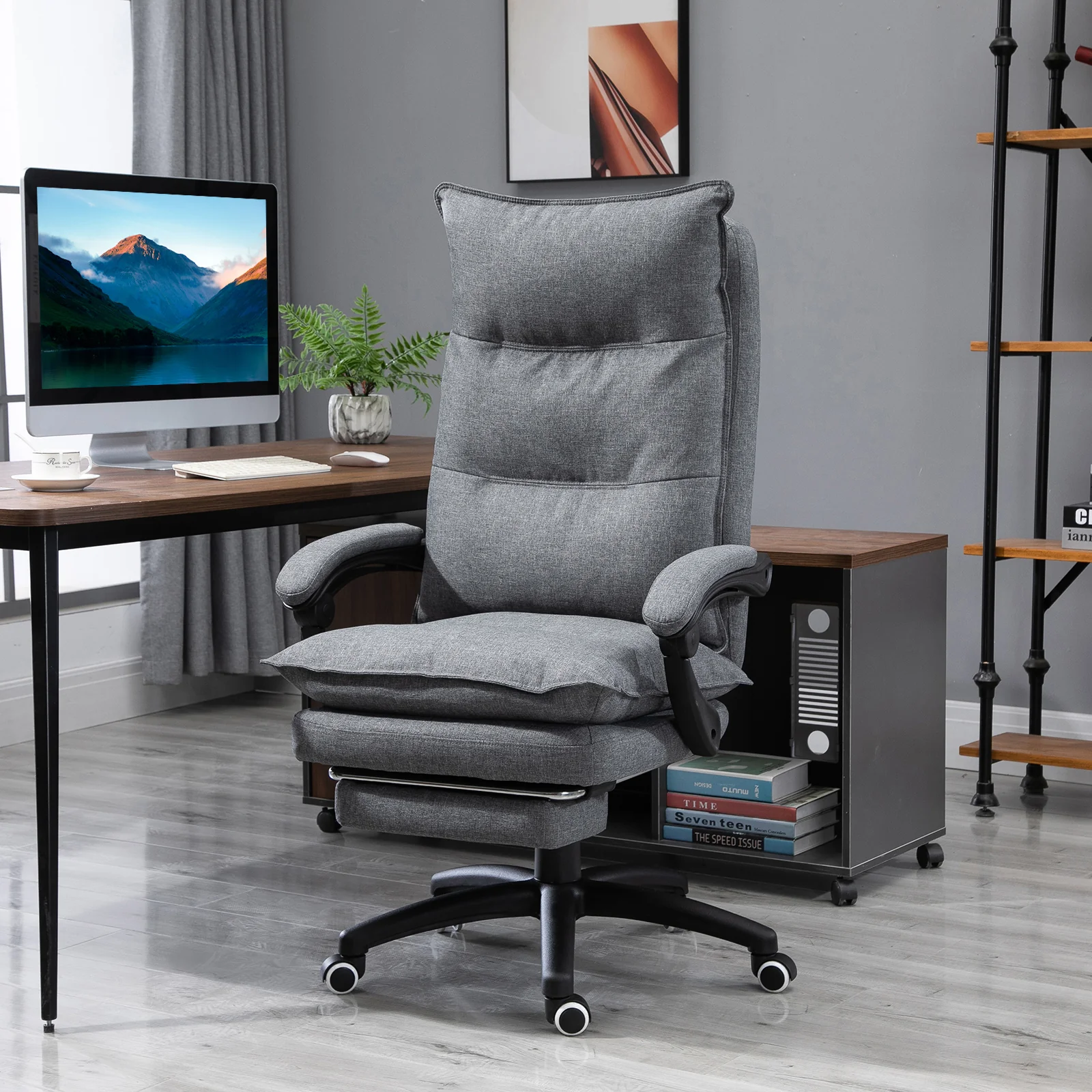 Swivel Office Desk Chair w/ Adjustable Height, Retractable Footrest & Double Padding, Grey - Image 3
