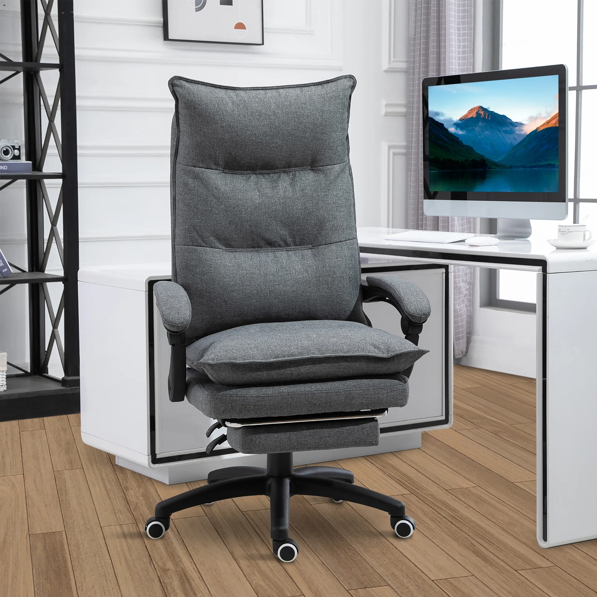 Swivel Office Desk Chair w/ Adjustable Height, Retractable Footrest & Double Padding, Grey - Image 4
