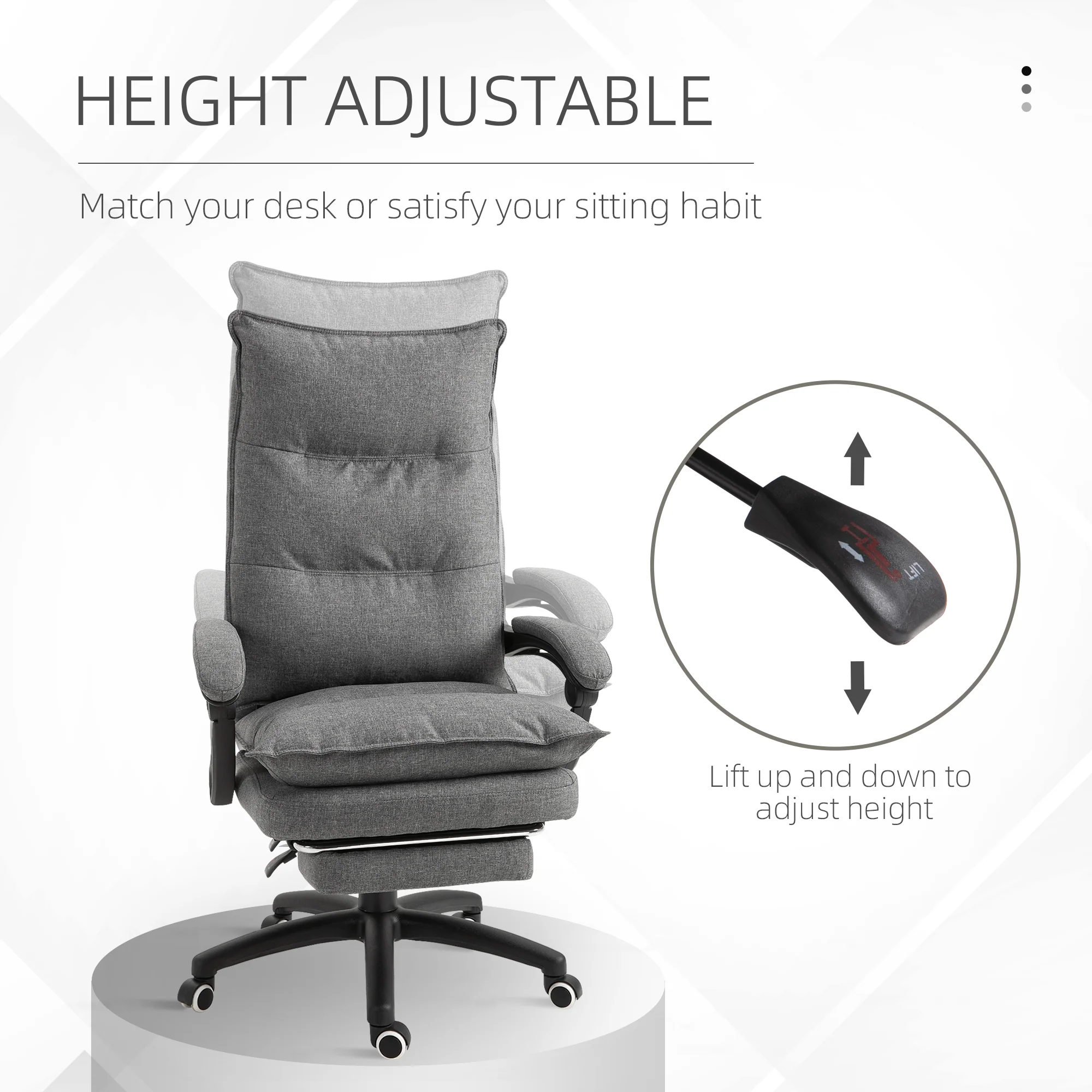 Swivel Office Desk Chair w/ Adjustable Height, Retractable Footrest & Double Padding, Grey - Image 6