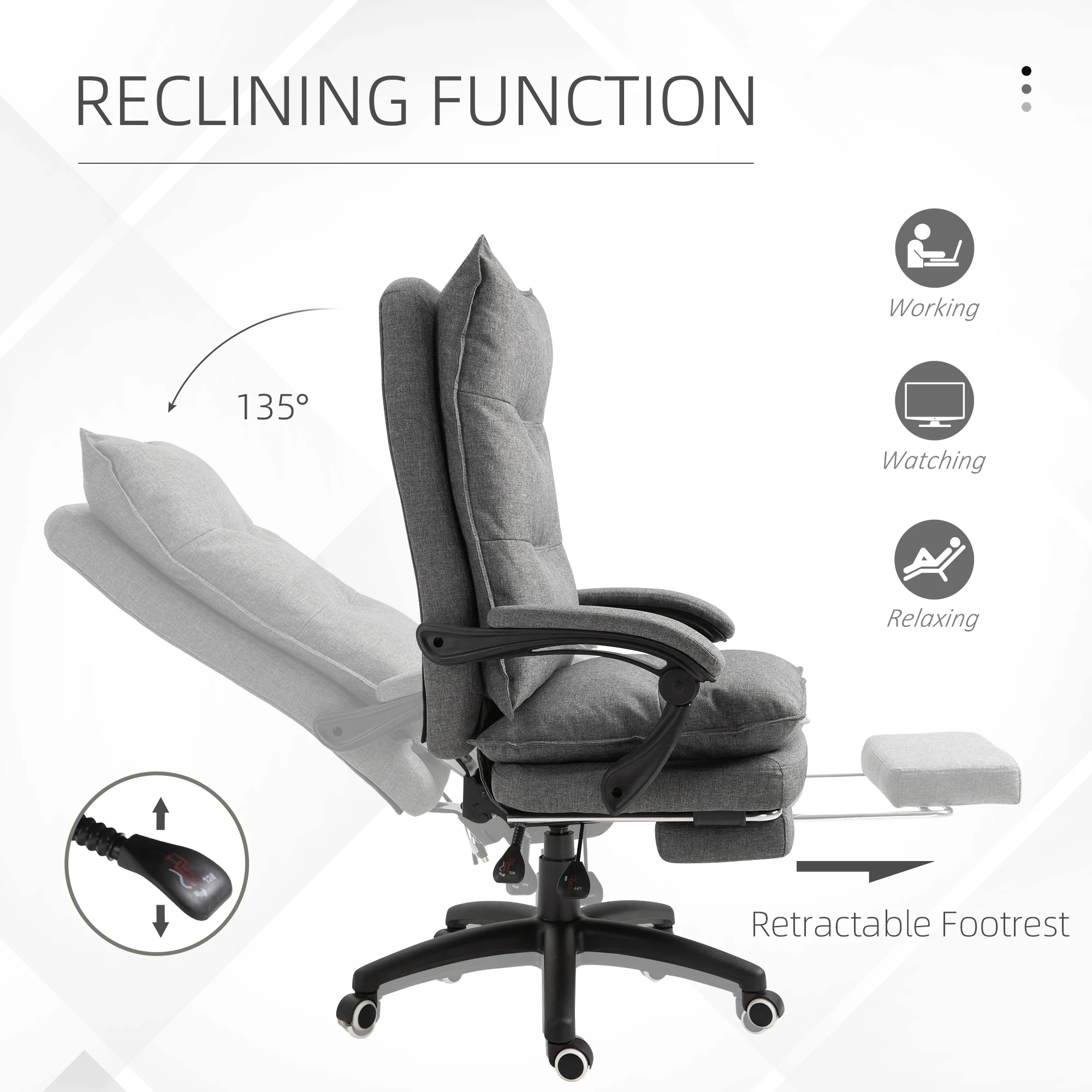 Swivel Office Desk Chair w/ Adjustable Height, Retractable Footrest & Double Padding, Grey - Image 7