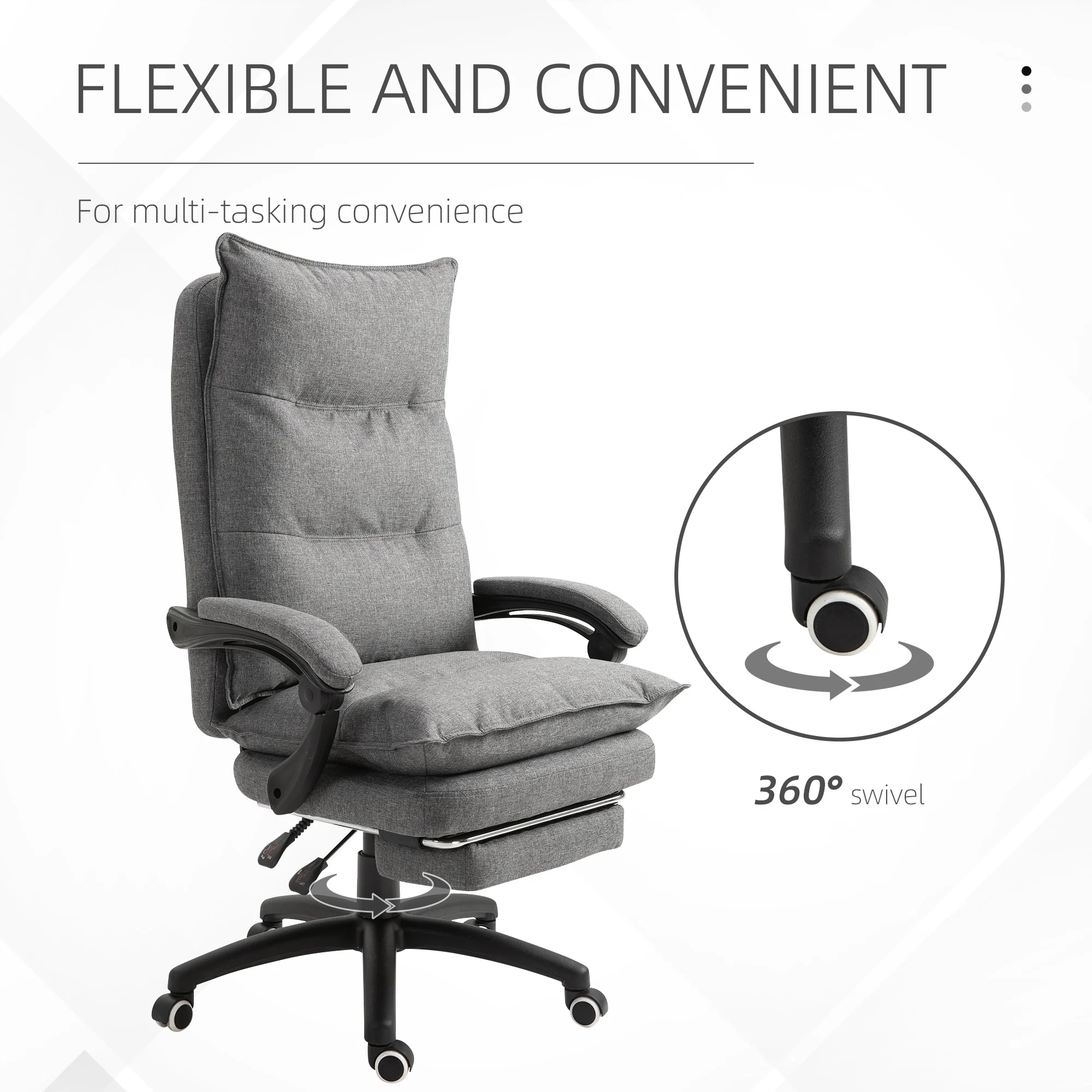 Swivel Office Desk Chair w/ Adjustable Height, Retractable Footrest & Double Padding, Grey - Image 8