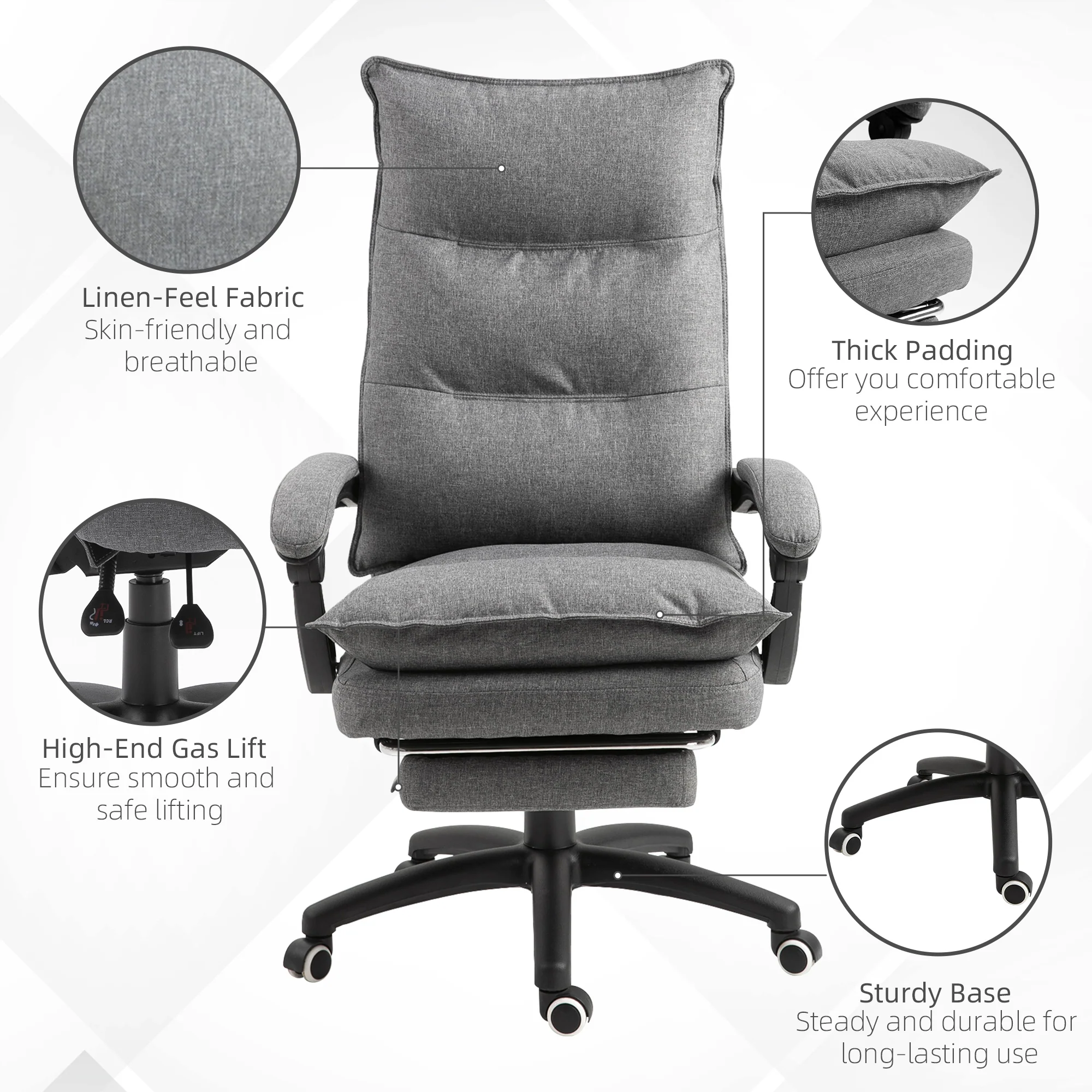 Swivel Office Desk Chair w/ Adjustable Height, Retractable Footrest & Double Padding, Grey - Image 9