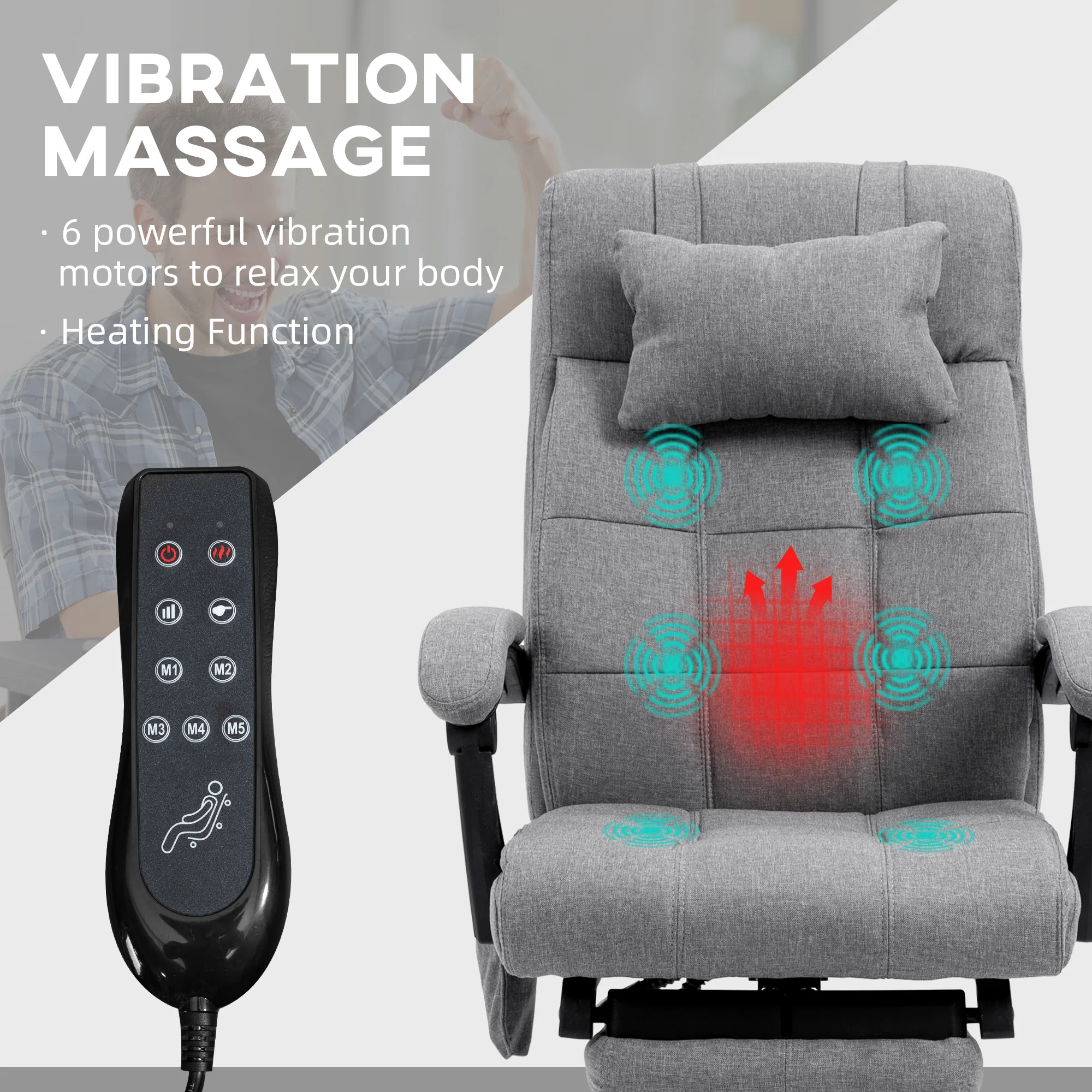 6 Point Massage Desk Chair, Computer Recliner Chair with Footrest & Head Pillow, Grey - Image 6