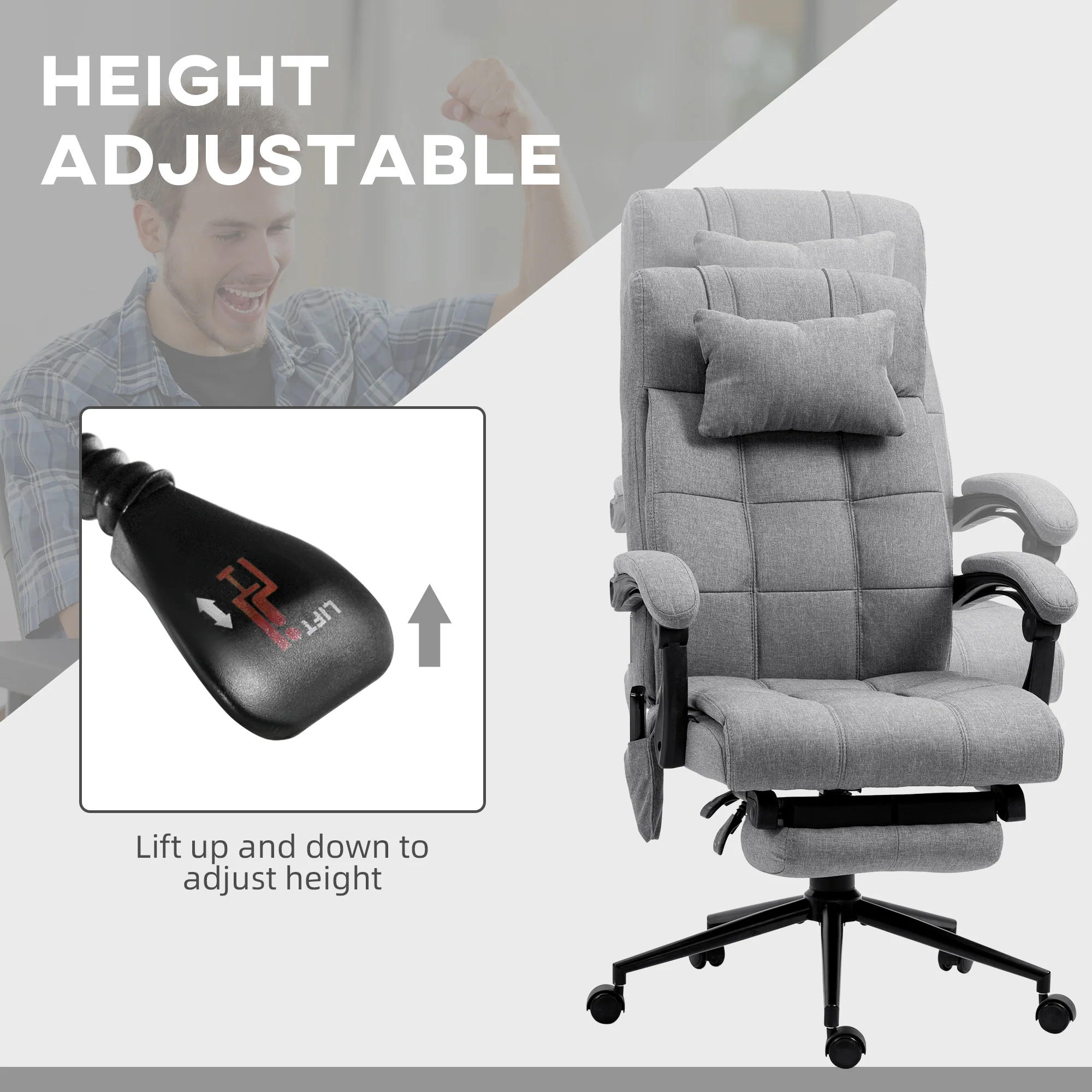 6 Point Massage Desk Chair, Computer Recliner Chair with Footrest & Head Pillow, Grey - Image 7