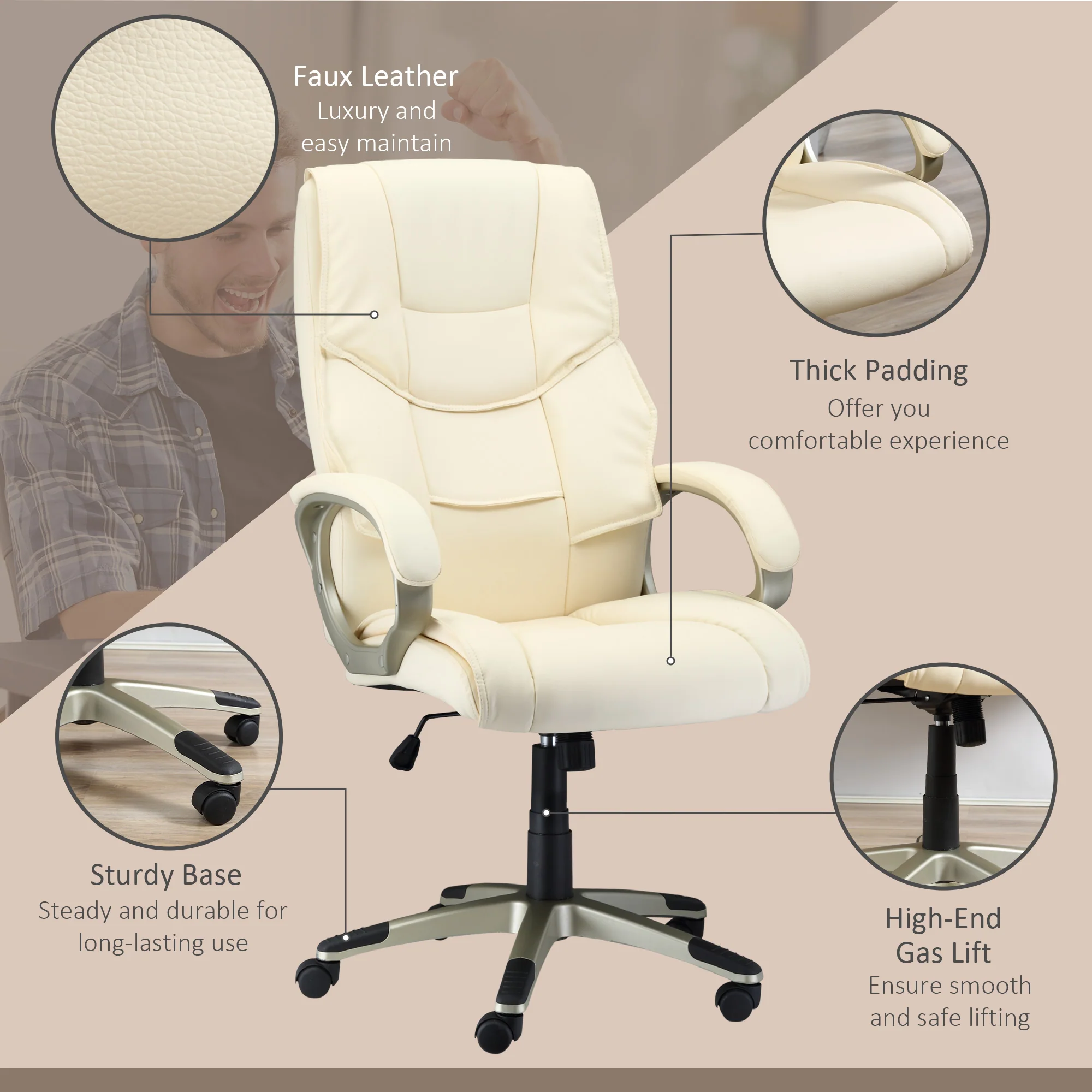High Back Computer Office Chair, Faux Leather Swivel Chair with Adjustable Height, Cream White - Image 9