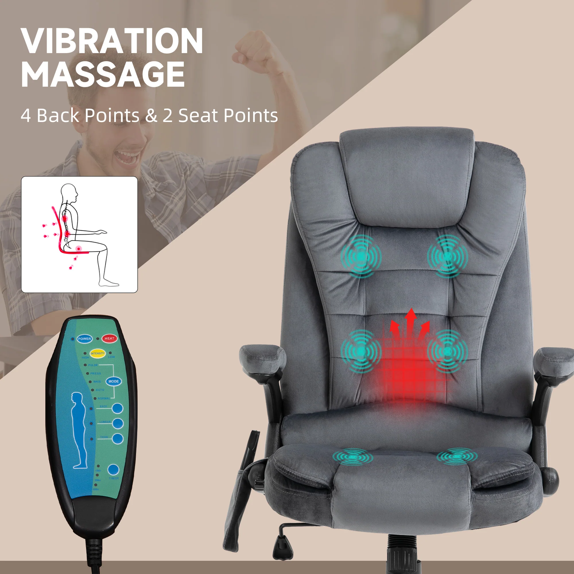 Ergonomic Desk Chair with 6-Point Massage and Back Heated, Velvet-Feel Fabric, Gray - Image 6