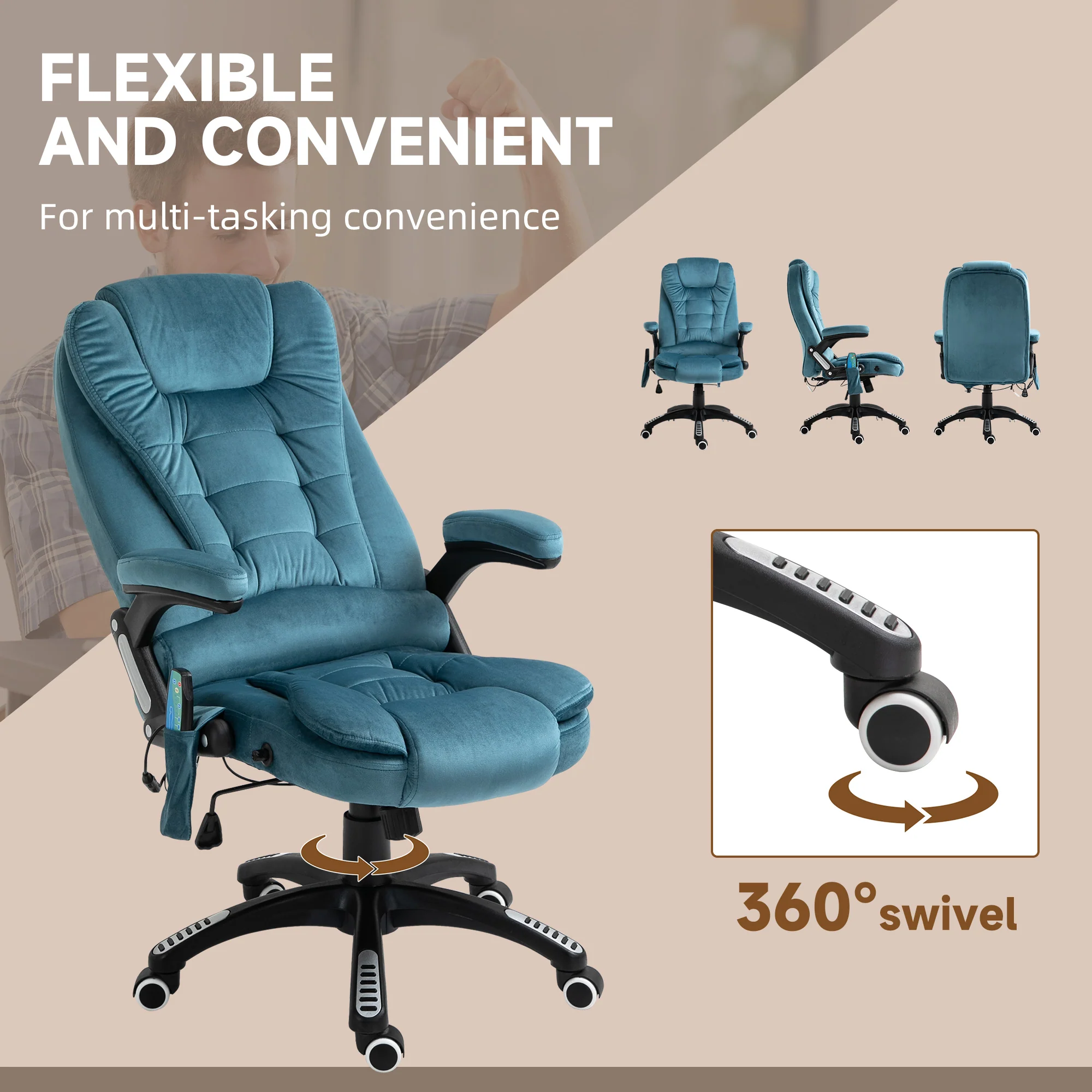 Ergonomic Desk Chair with 6-Point Massage and Back Heated, Velvet-Feel Fabric, Blue - Image 10