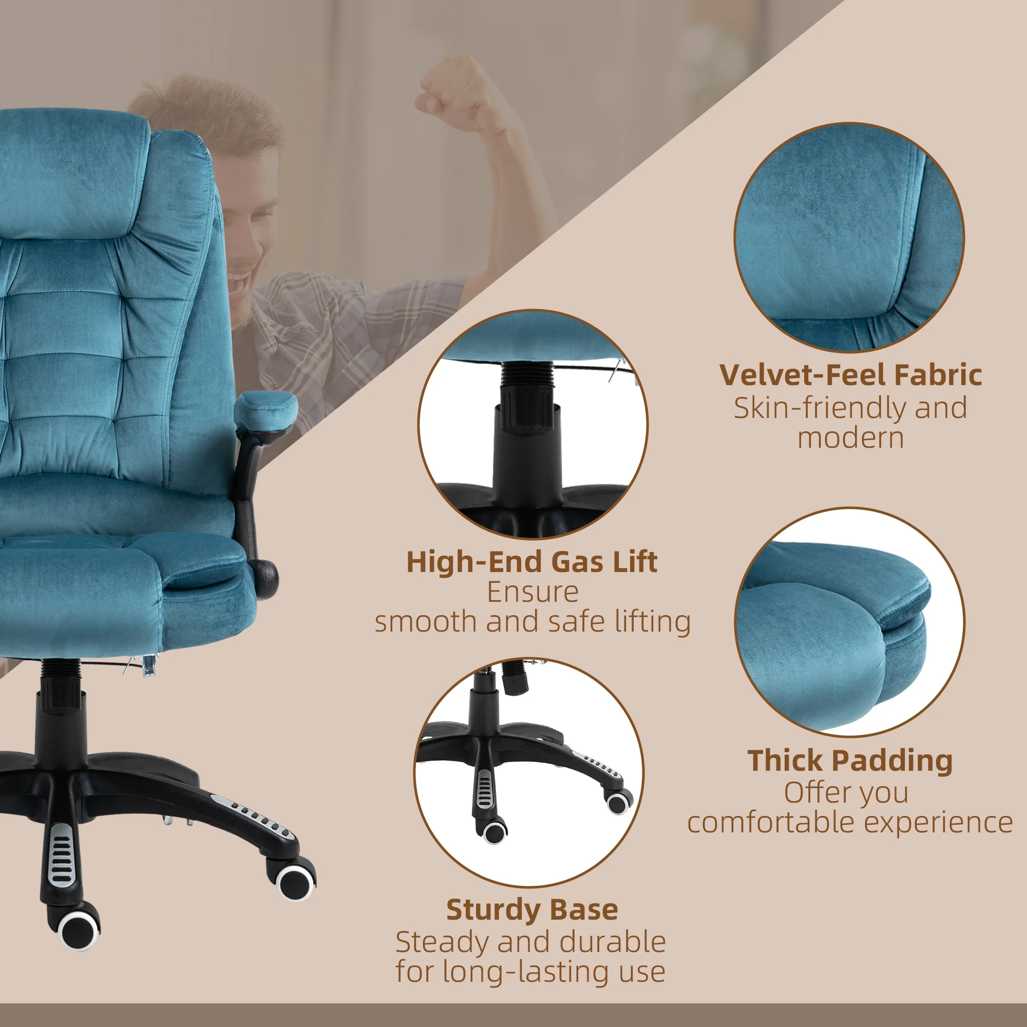Ergonomic Desk Chair with 6-Point Massage and Back Heated, Velvet-Feel Fabric, Blue - Image 11