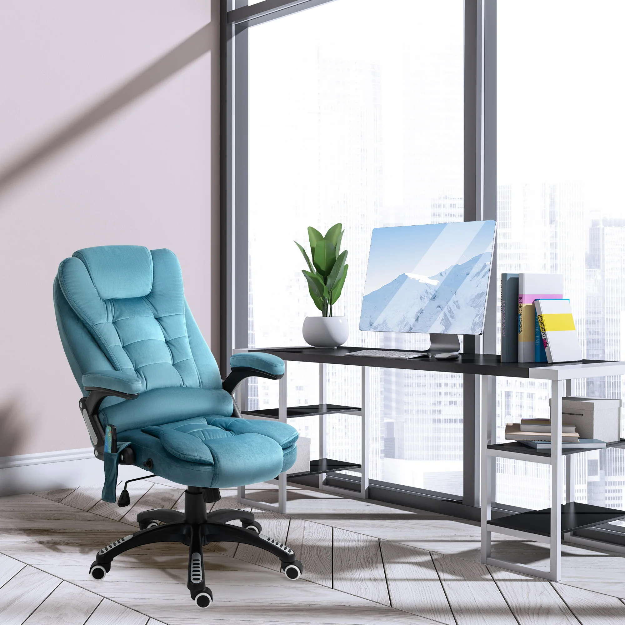 Ergonomic Desk Chair with 6-Point Massage and Back Heated, Velvet-Feel Fabric, Blue - Image 4