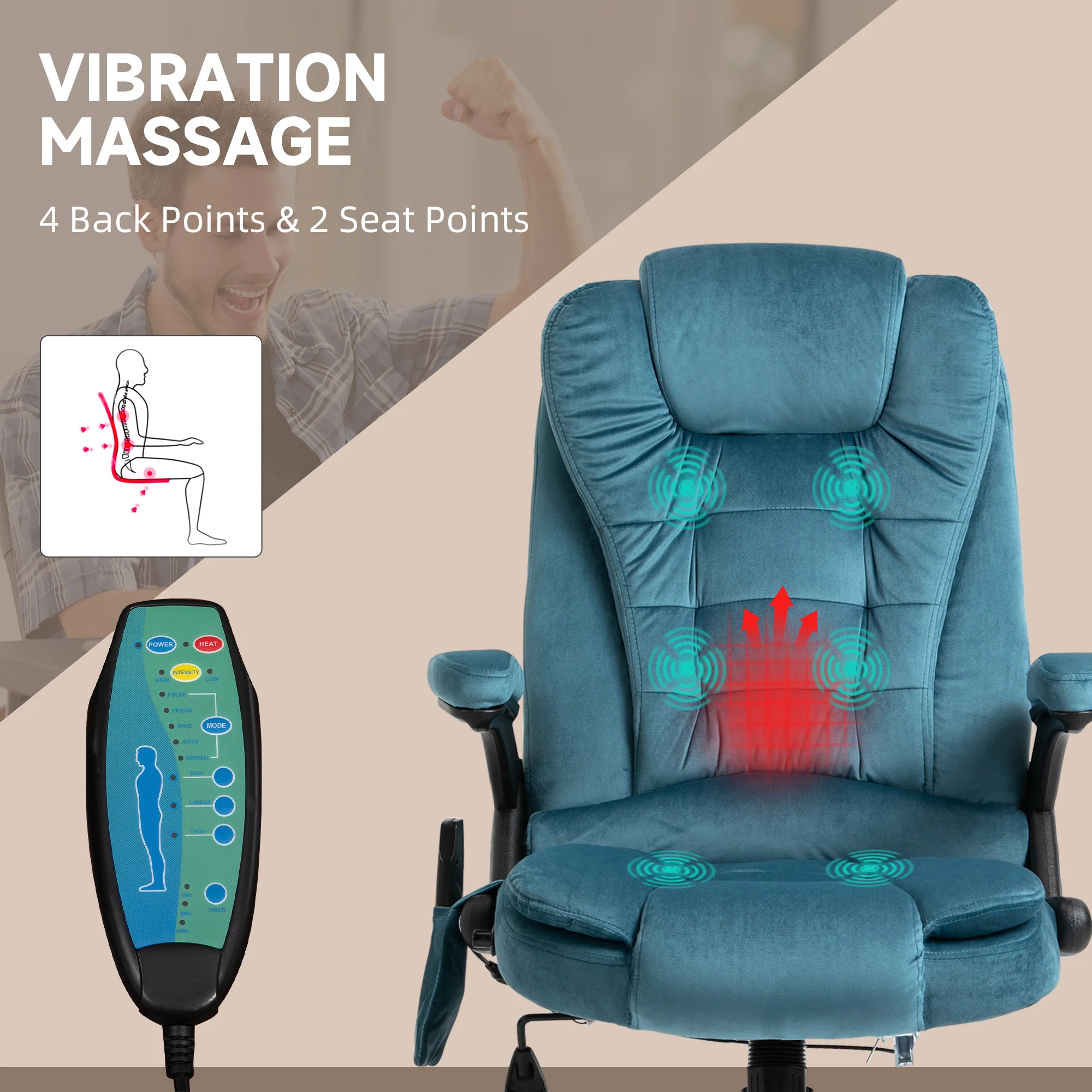 Ergonomic Desk Chair with 6-Point Massage and Back Heated, Velvet-Feel Fabric, Blue - Image 6