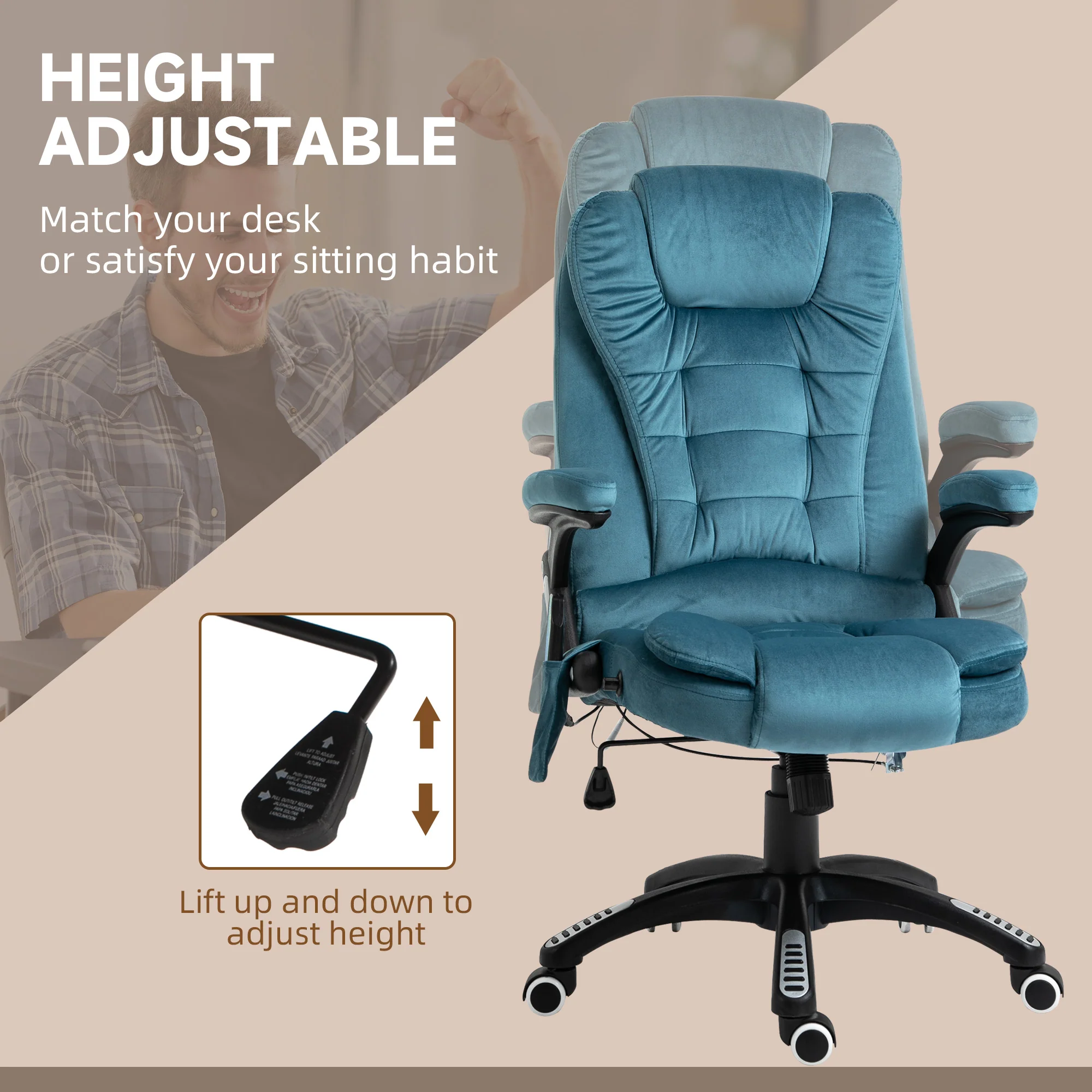 Ergonomic Desk Chair with 6-Point Massage and Back Heated, Velvet-Feel Fabric, Blue - Image 7