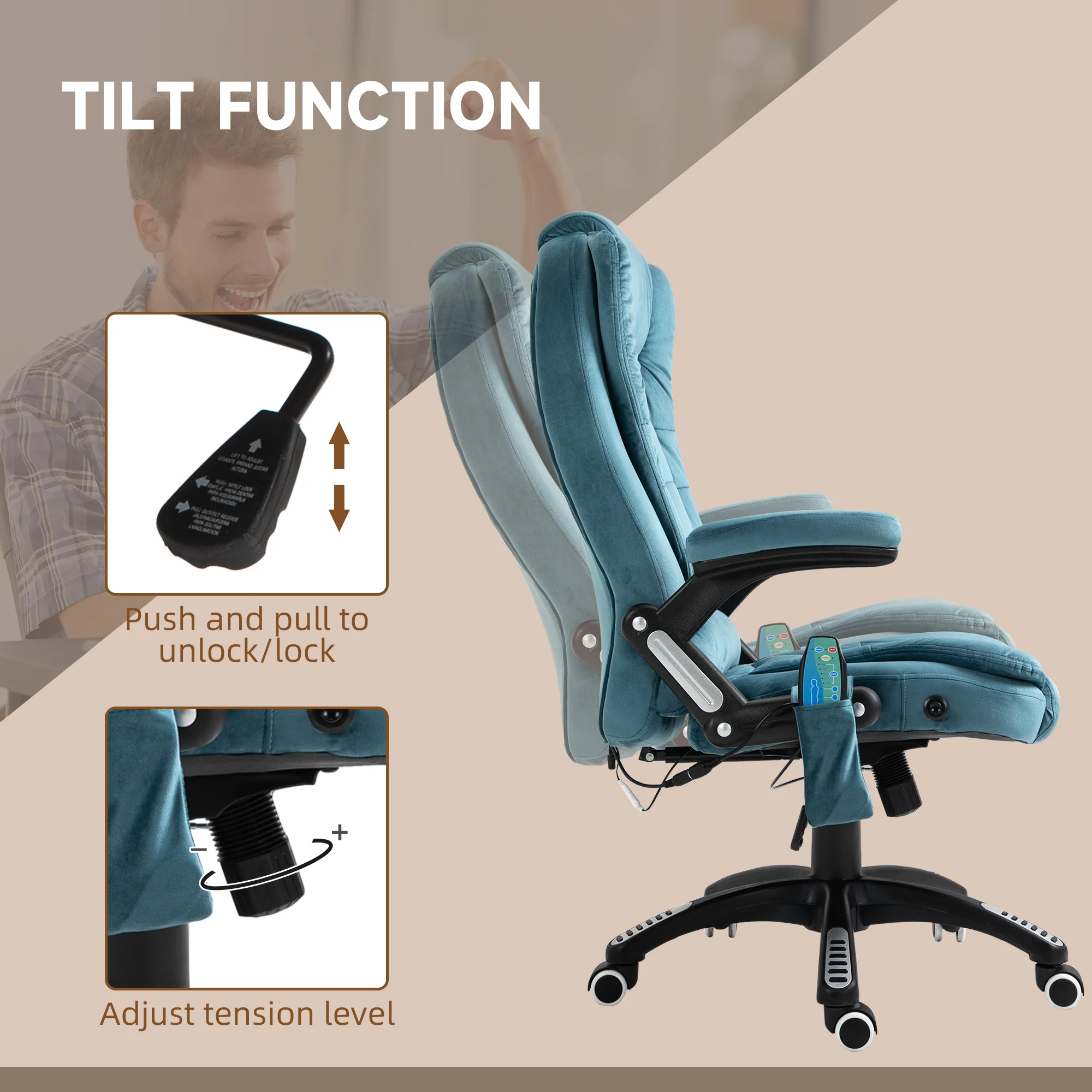 Ergonomic Desk Chair with 6-Point Massage and Back Heated, Velvet-Feel Fabric, Blue - Image 8