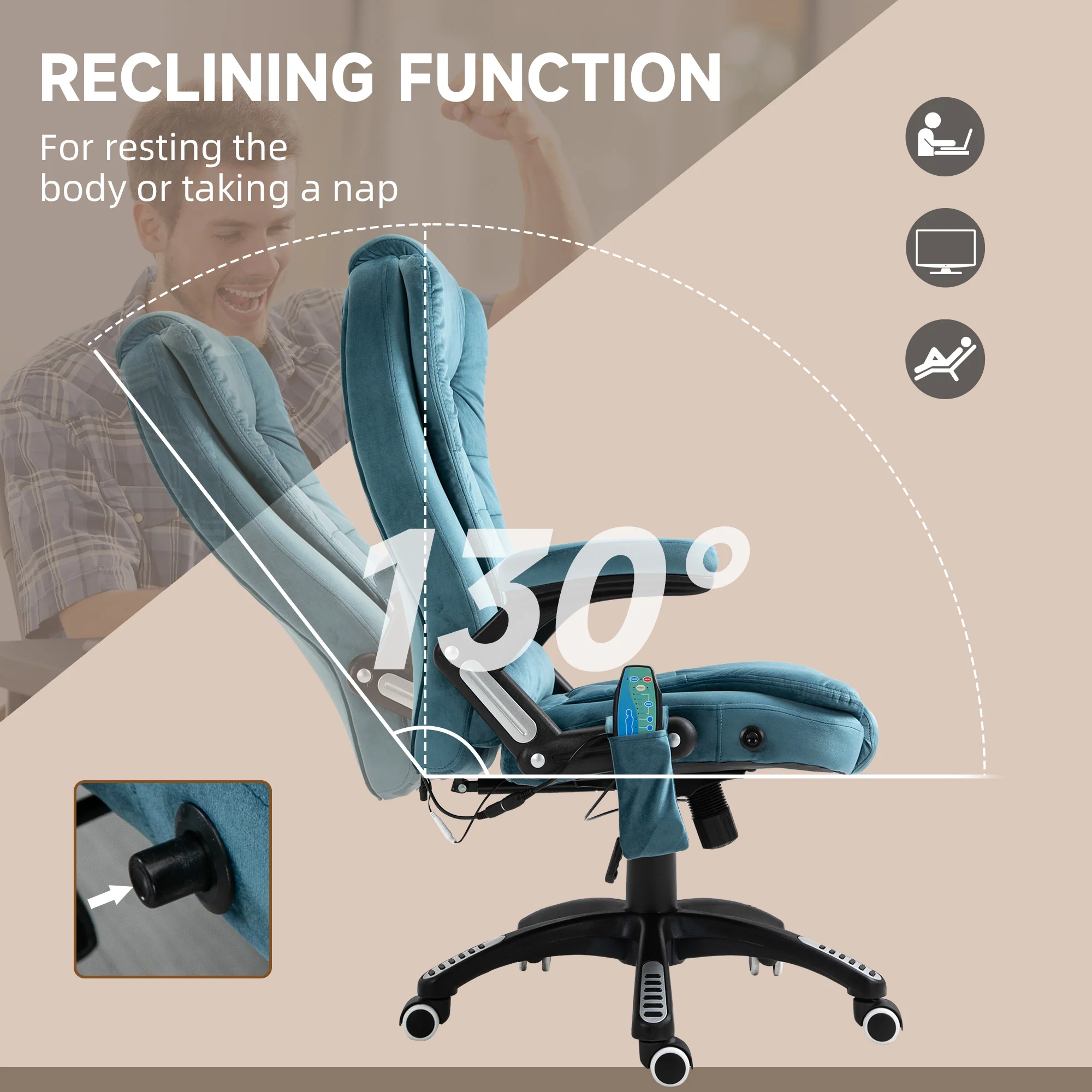 Ergonomic Desk Chair with 6-Point Massage and Back Heated, Velvet-Feel Fabric, Blue - Image 9