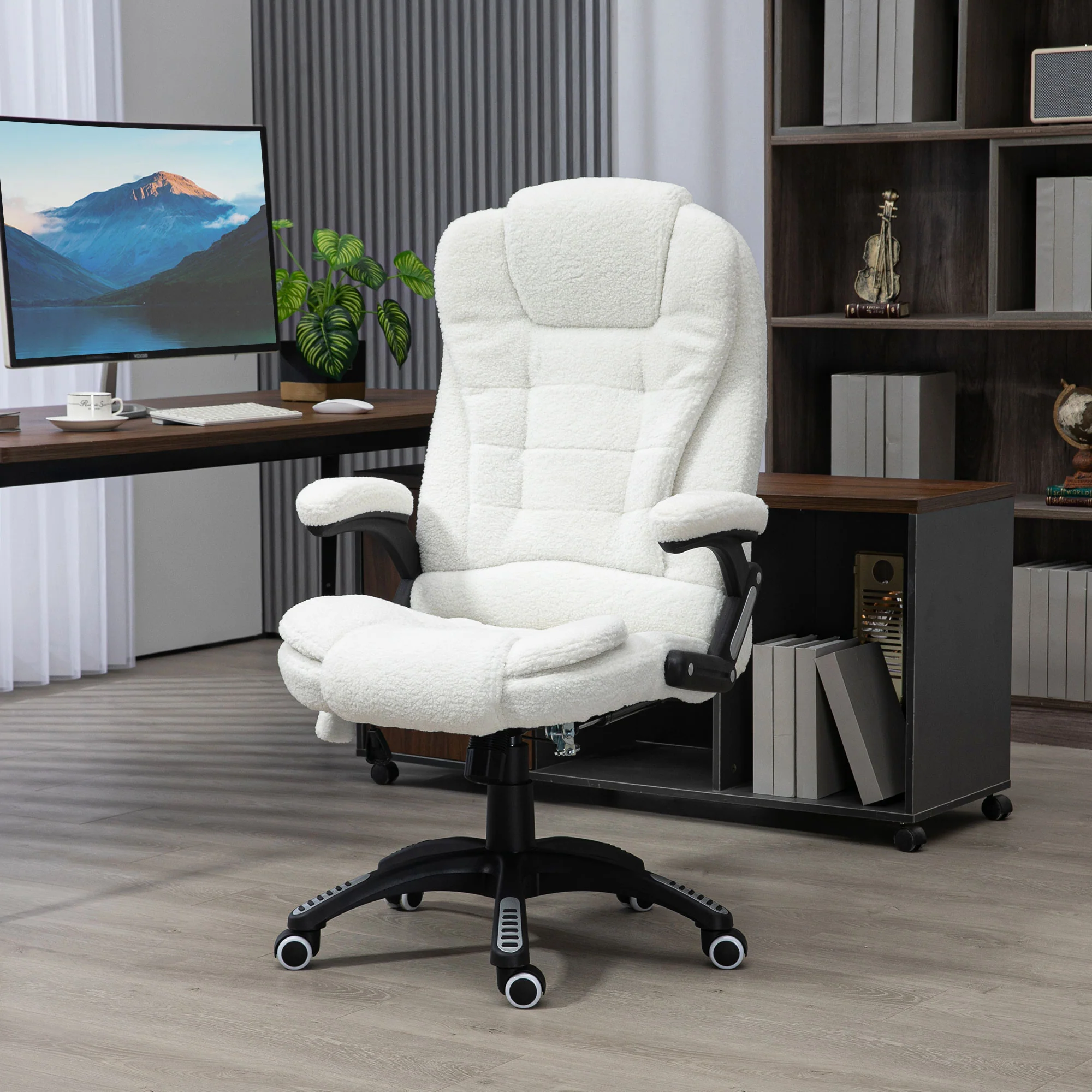 Ergonomic Desk Chair with 6-Point Massage and Back Heated, Boucle-Feel Fabric, White - Image 4