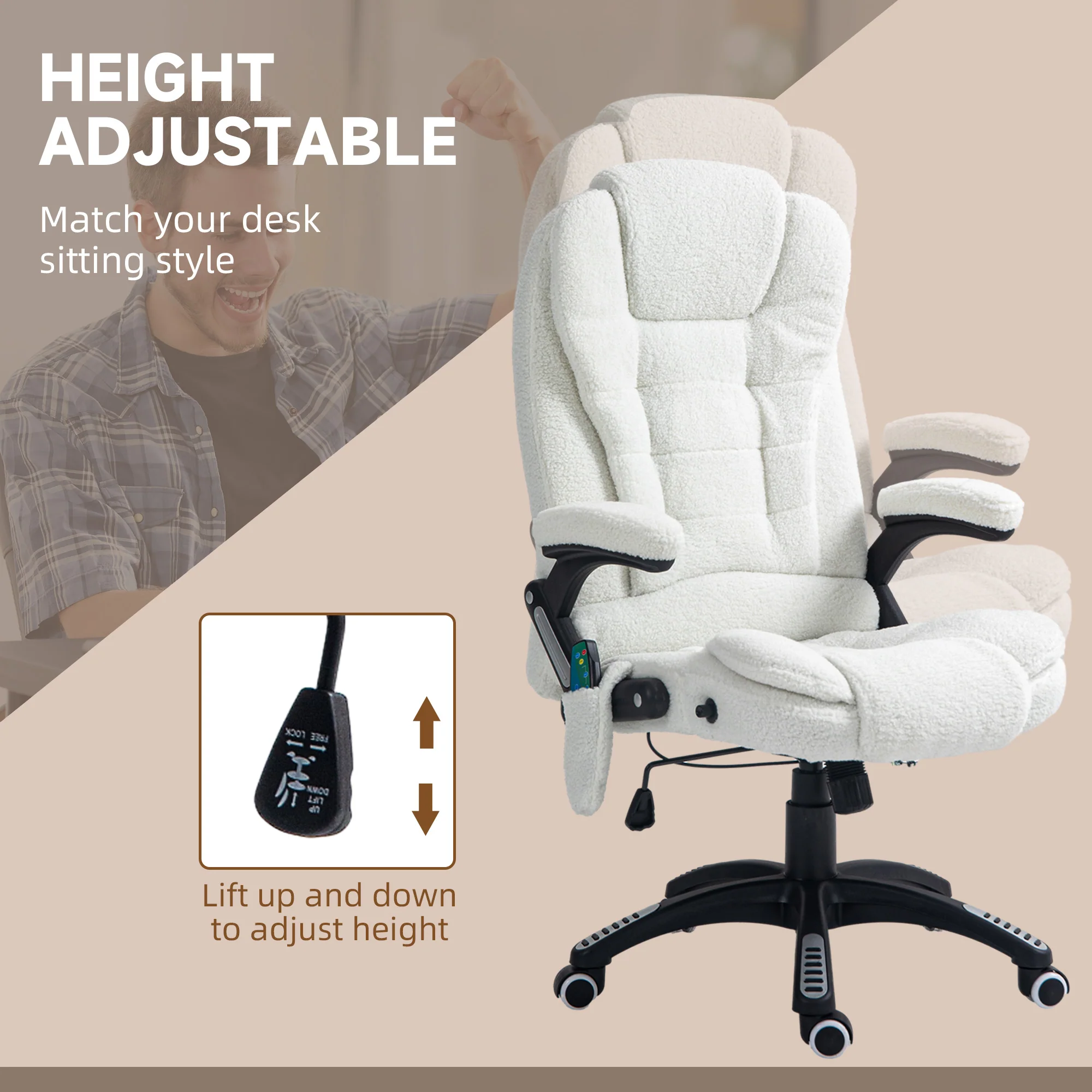 Ergonomic Desk Chair with 6-Point Massage and Back Heated, Boucle-Feel Fabric, White - Image 7
