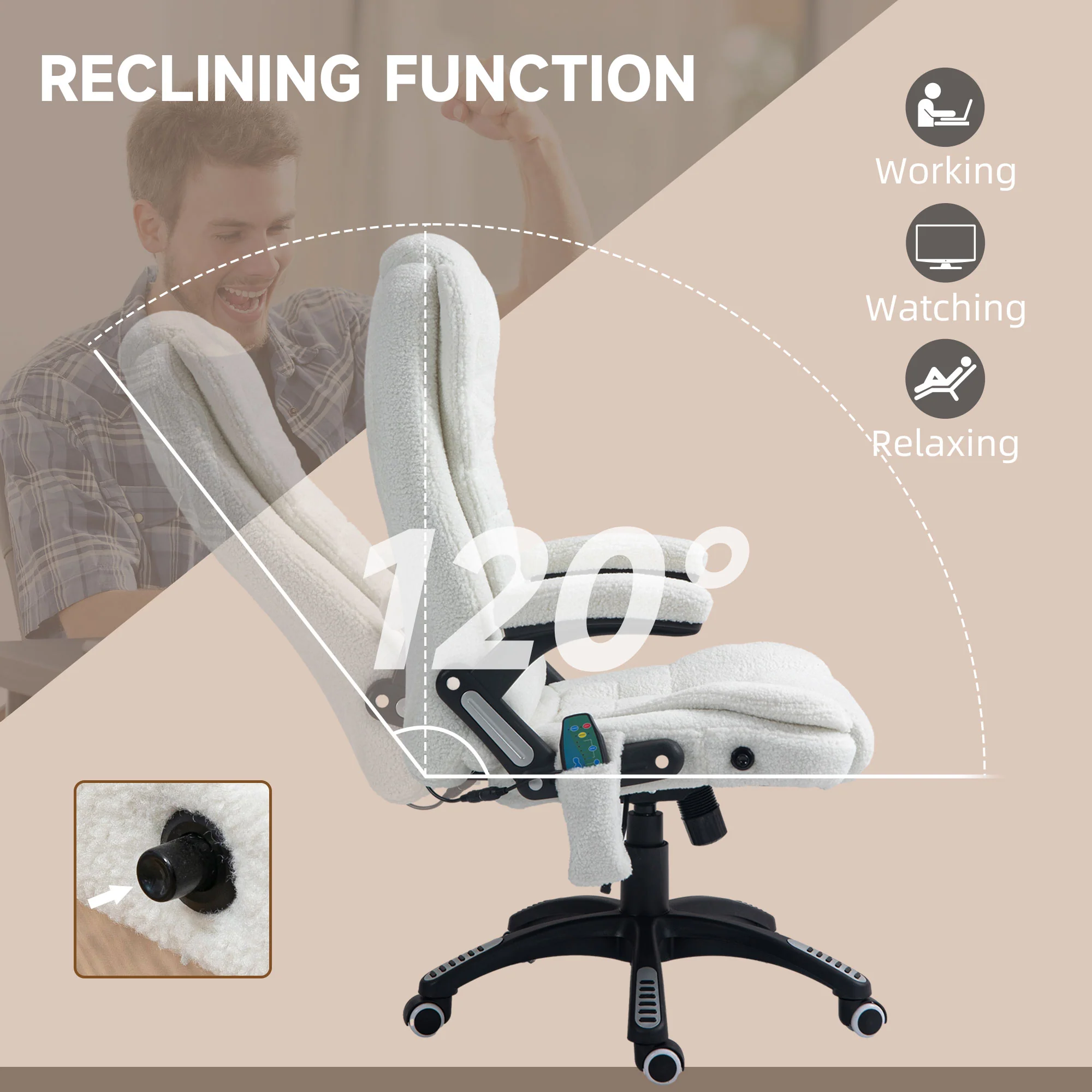 Ergonomic Desk Chair with 6-Point Massage and Back Heated, Boucle-Feel Fabric, White - Image 9
