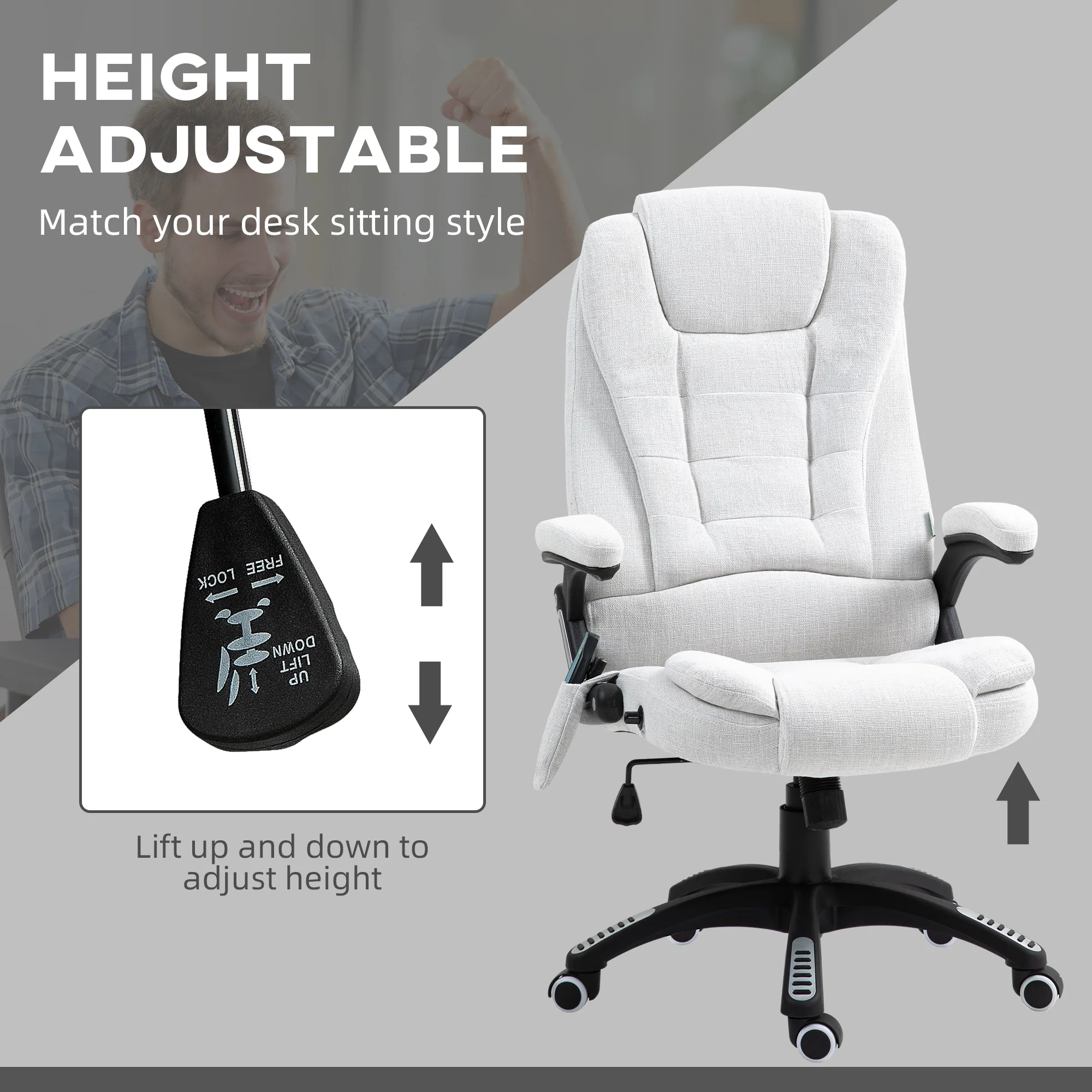 Ergonomic Desk Chair with 6-Point Massage and Back Heated, Linen-Feel Fabric, Cream White - Image 7