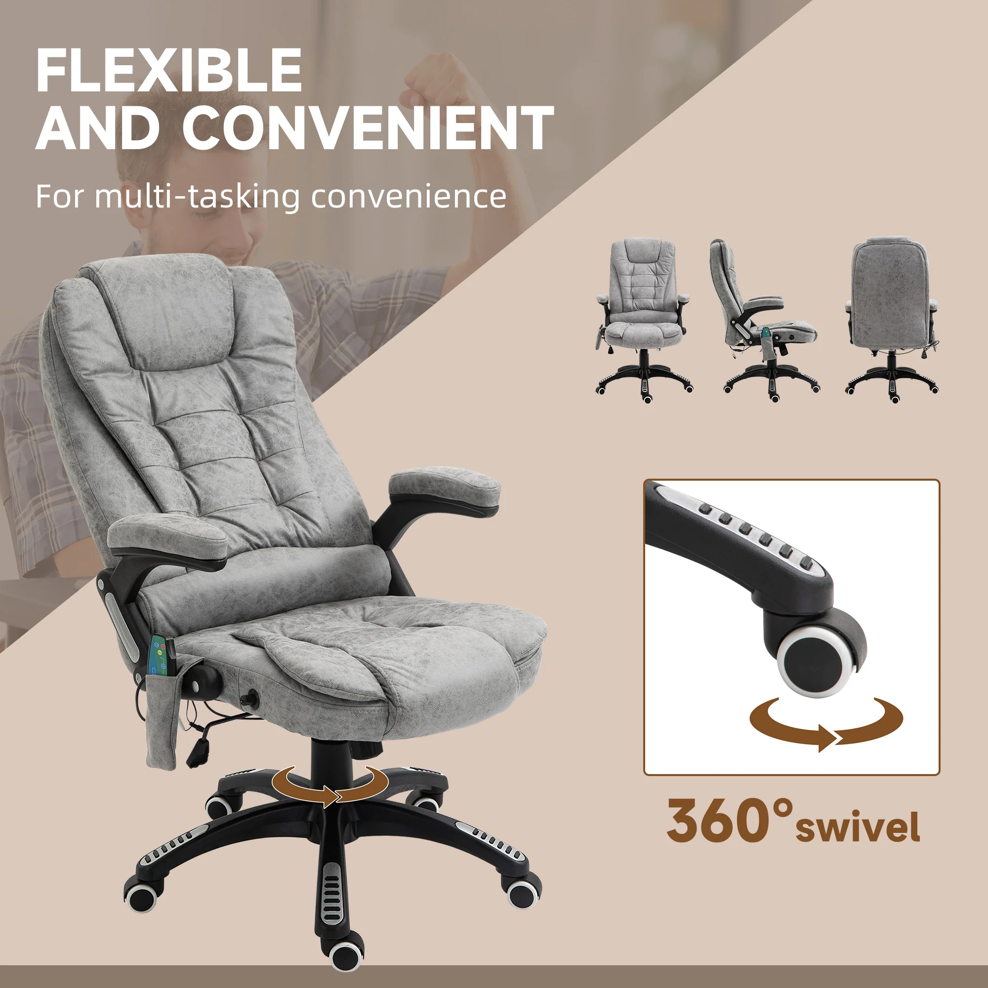 Ergonomic Desk Chair with 6-Point Massage and Back Heated, Microfiber Computer Chair, Gray - Image 10