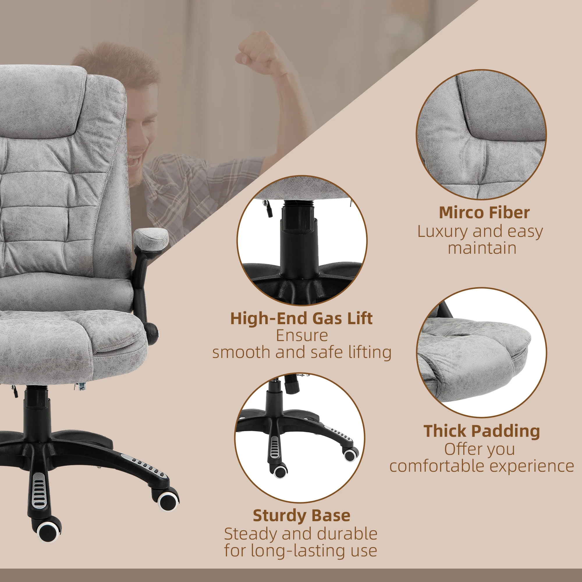 Ergonomic Desk Chair with 6-Point Massage and Back Heated, Microfiber Computer Chair, Gray - Image 11