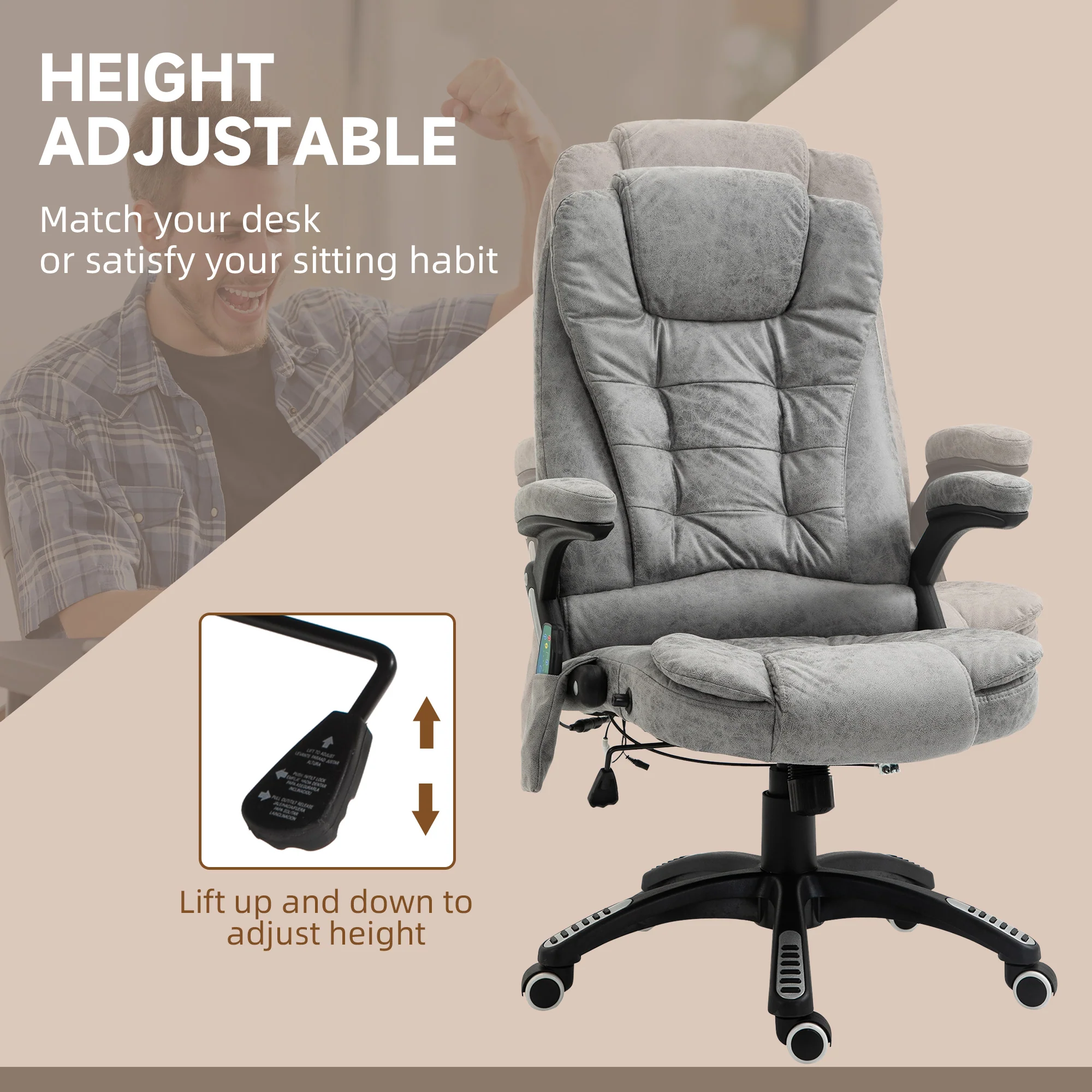 Ergonomic Desk Chair with 6-Point Massage and Back Heated, Microfiber Computer Chair, Gray - Image 7