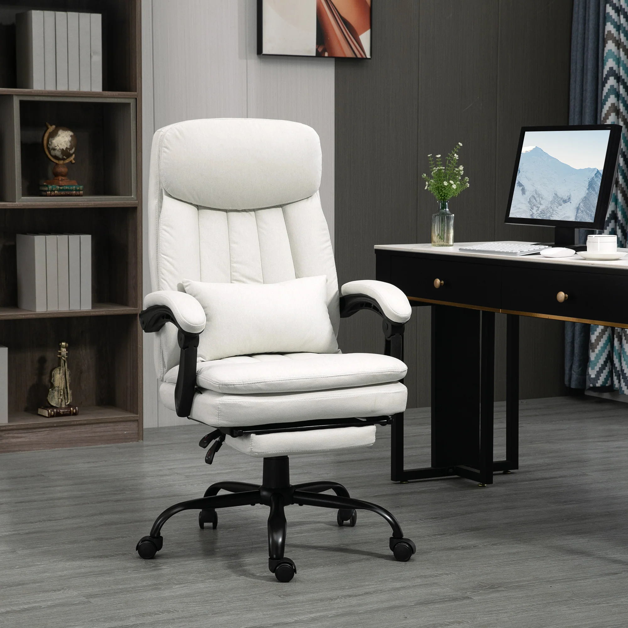 Ergonomic Desk Chair with 6-Point Vibration Massage, 155° Reclining Back & Footrest, Cream White - Image 3