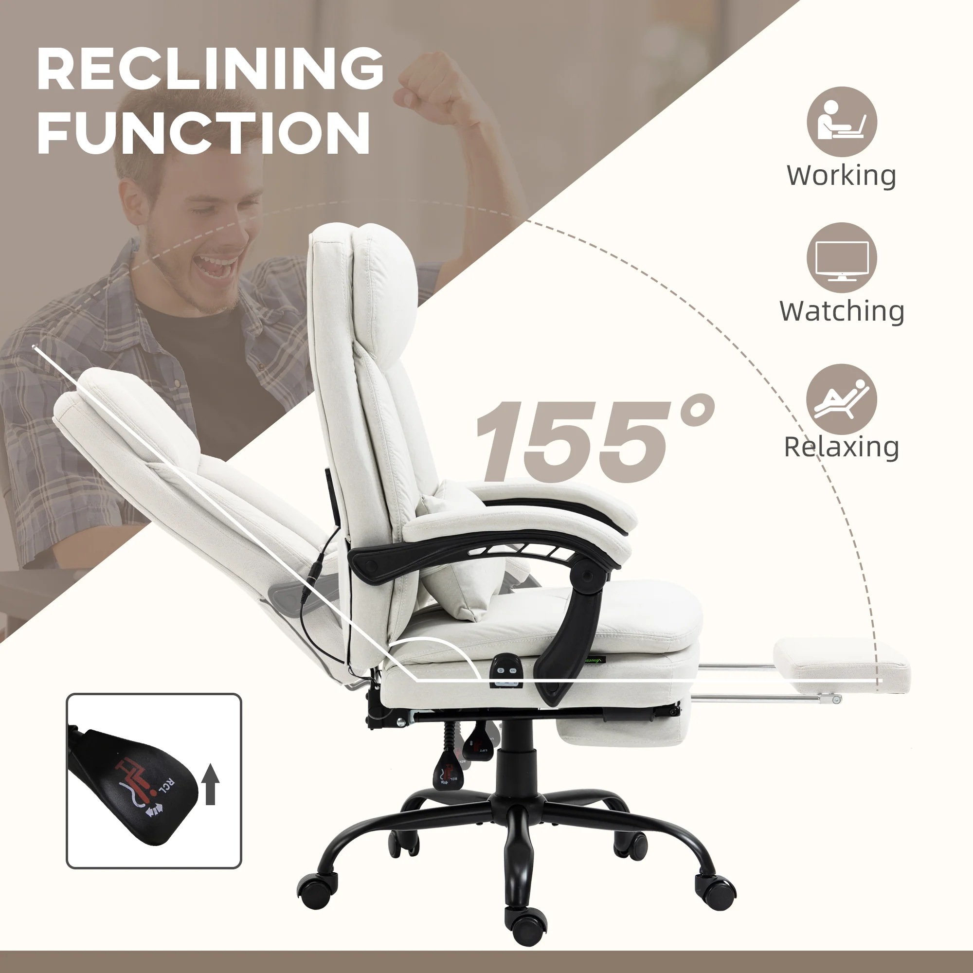 Ergonomic Desk Chair with 6-Point Vibration Massage, 155° Reclining Back & Footrest, Cream White - Image 8
