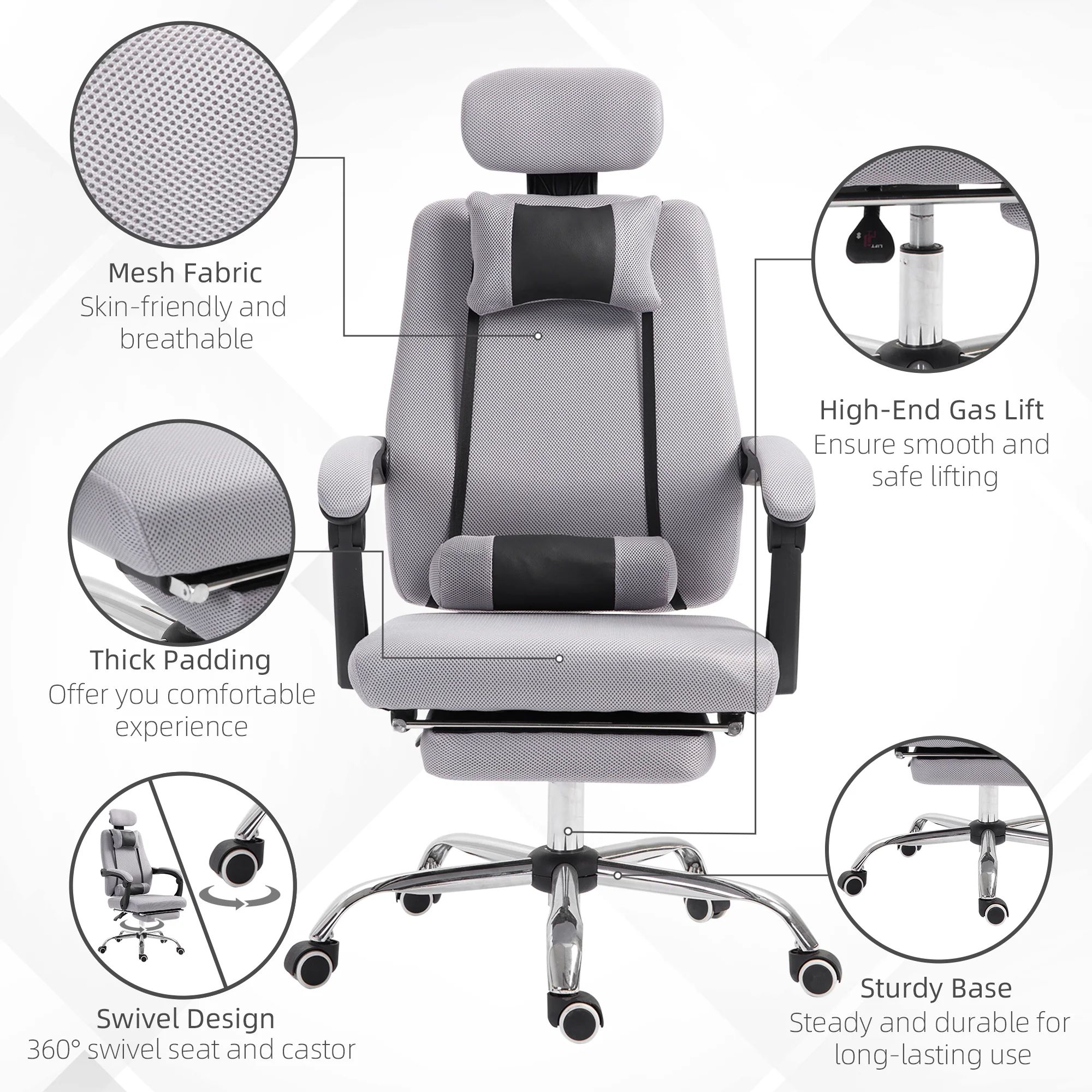 Office Desk Chair, Ergonomic Executive Mesh Gaming Chair with Footrest & Headrest, Grey - Image 10