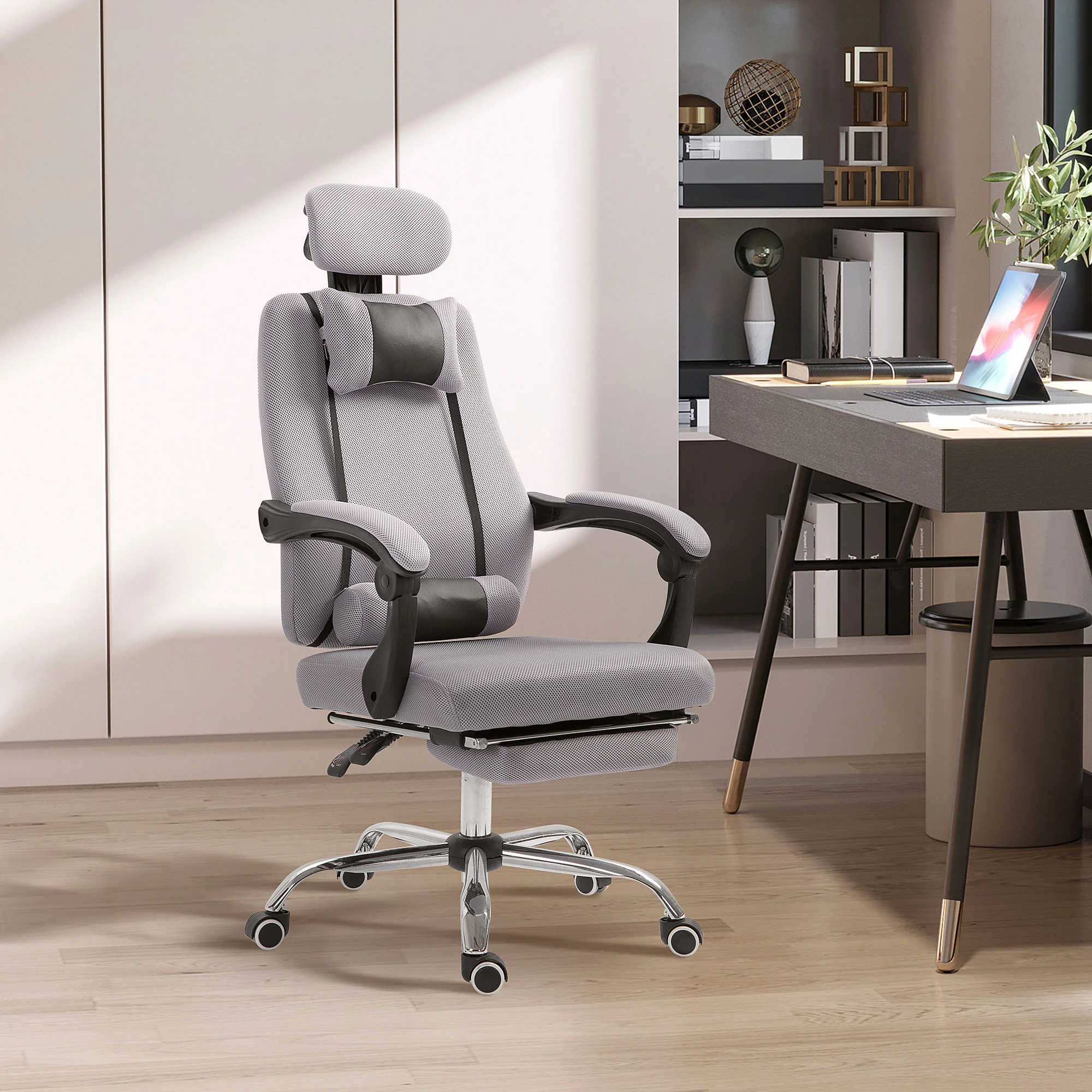 Office Desk Chair, Ergonomic Executive Mesh Gaming Chair with Footrest & Headrest, Grey - Image 3