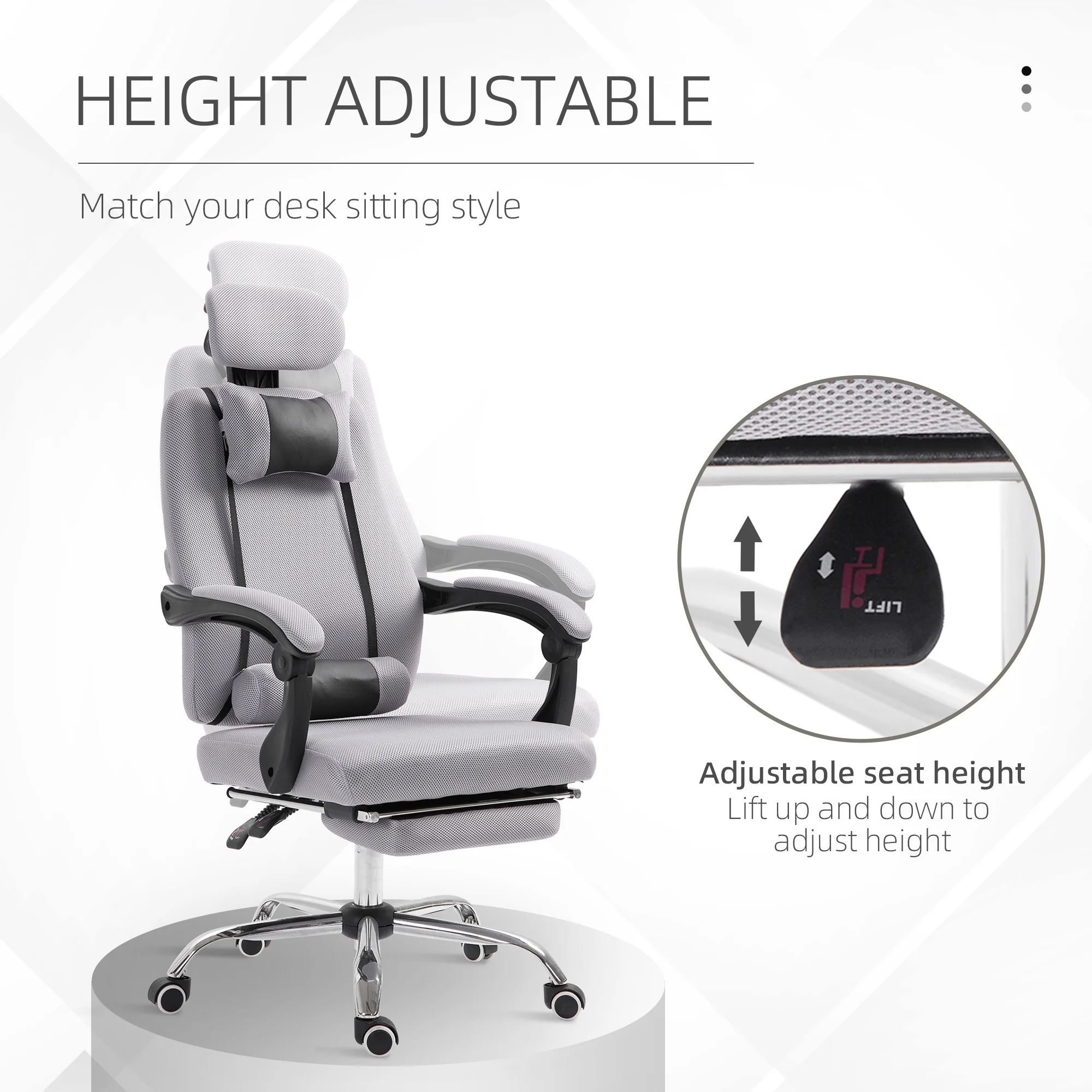 Office Desk Chair, Ergonomic Executive Mesh Gaming Chair with Footrest & Headrest, Grey - Image 6