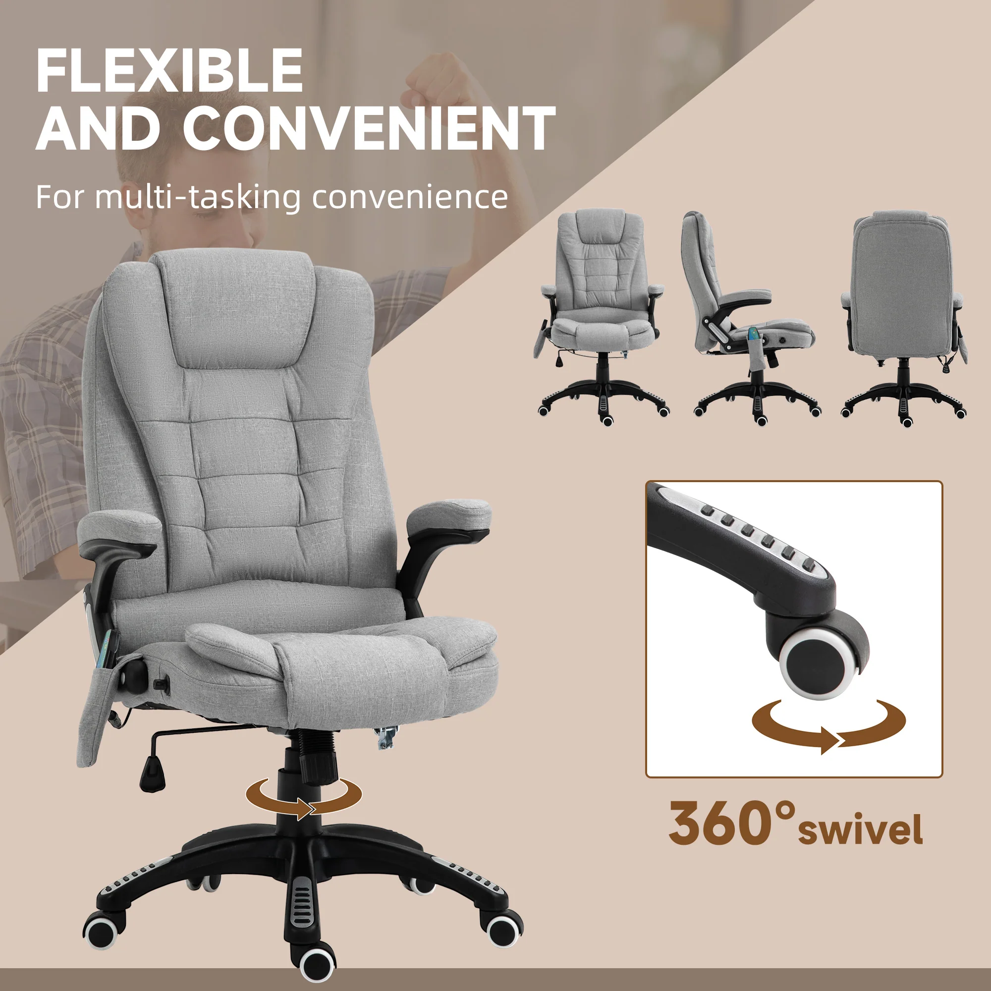 Ergonomic Fabric Desk Chair with 6-Point Massage and Back Heated, Light Grey - Image 10