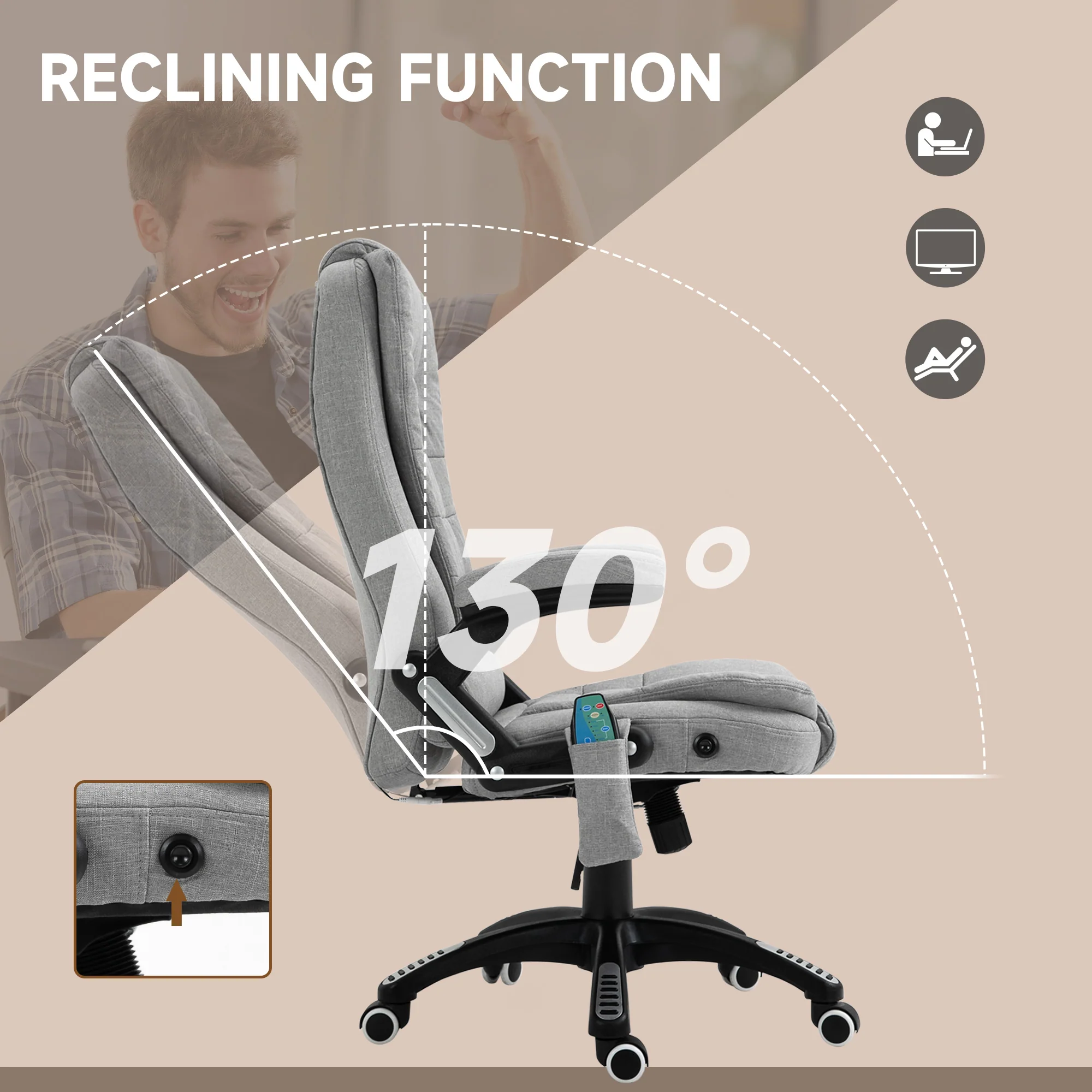 Ergonomic Fabric Desk Chair with 6-Point Massage and Back Heated, Light Grey - Image 9