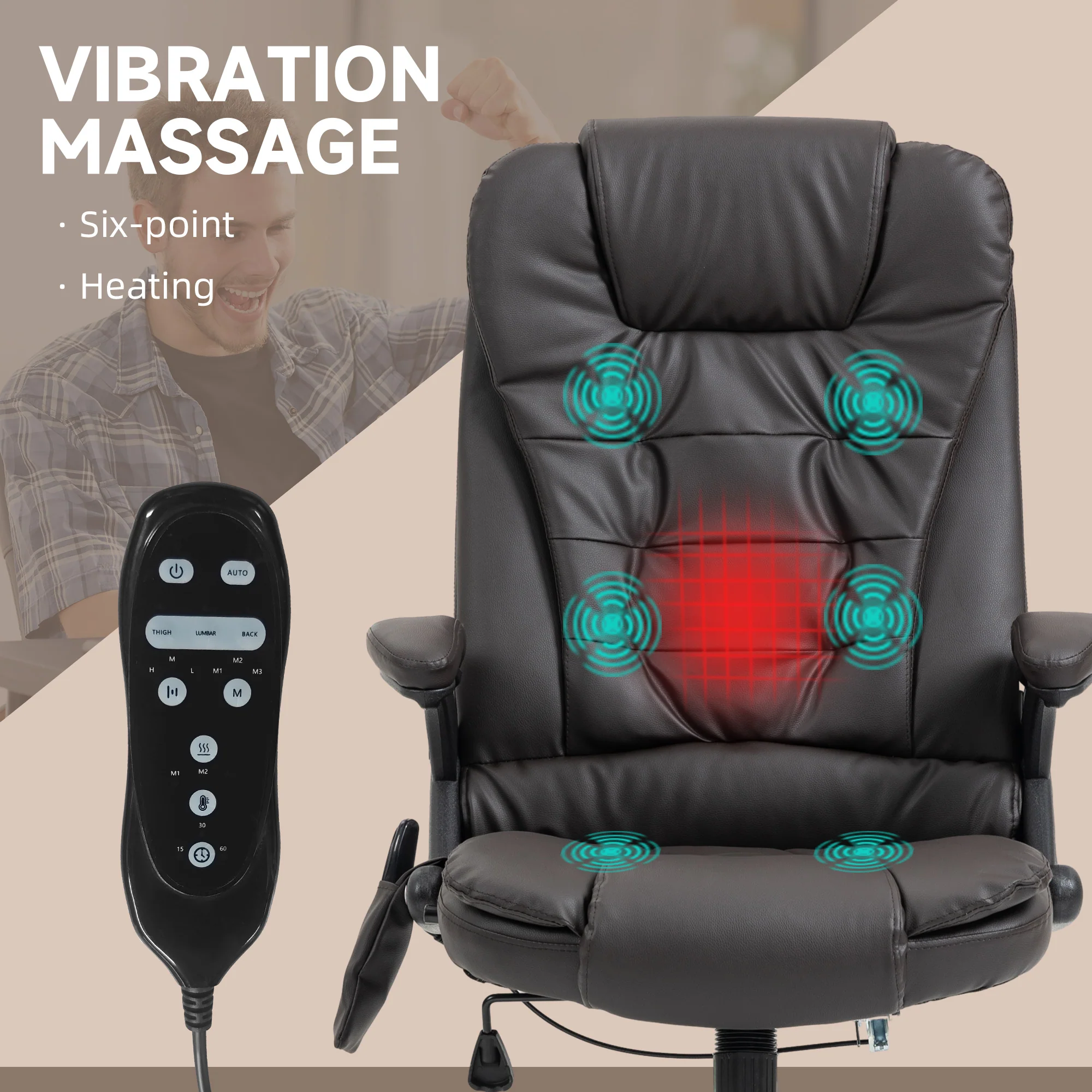 Adjustable Heated Ergonomic Massage Office Chair,  Swivel Vibrating Executive Chair, Brown - Image 6