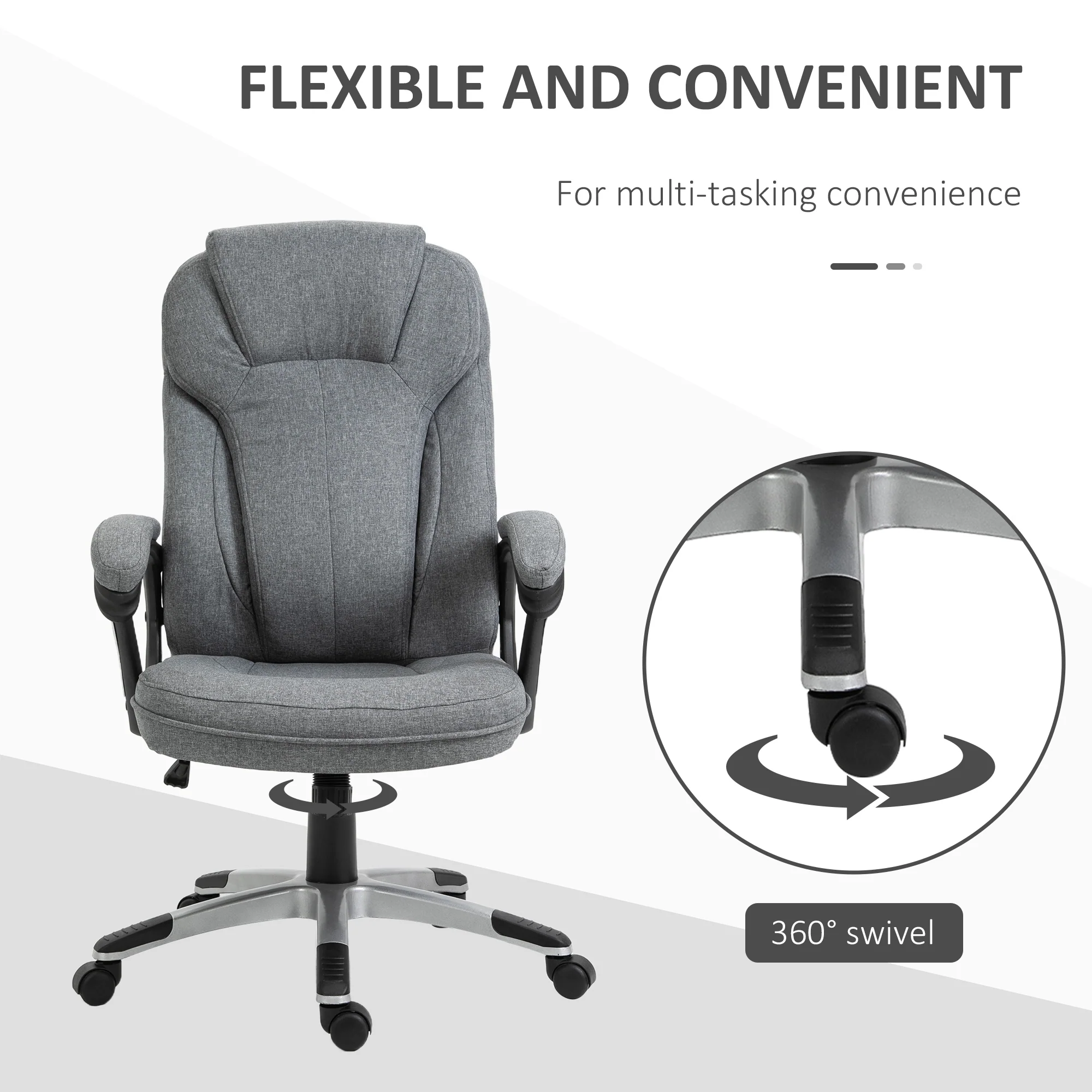 Linen Fabric Desk Chair with Padded Armrests, Swivel Wheels and Tilt Function, Grey - Image 8