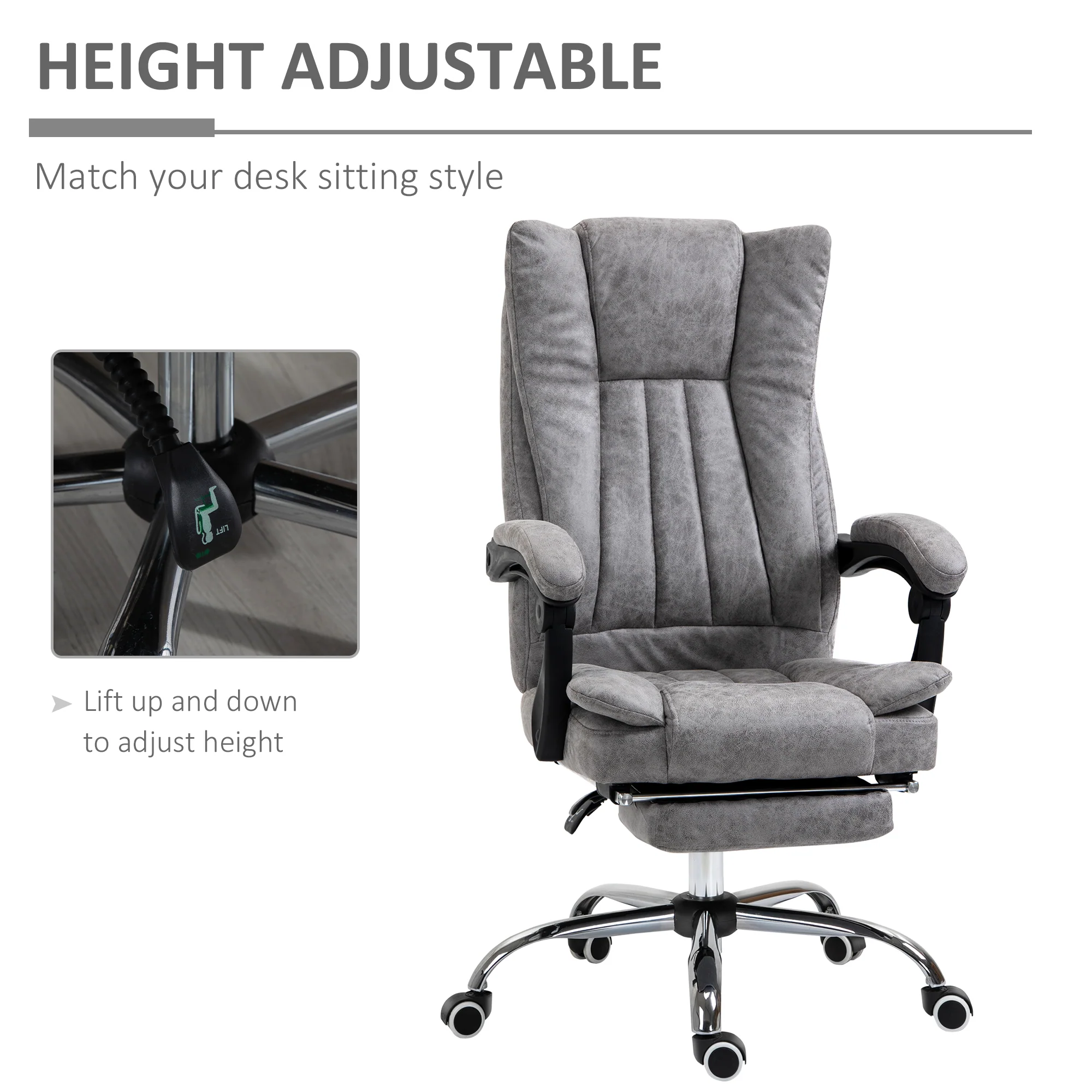 Microfibre Reclining Computer Desk Chair with Footrest & Wheels for Home Office, Grey - Image 6