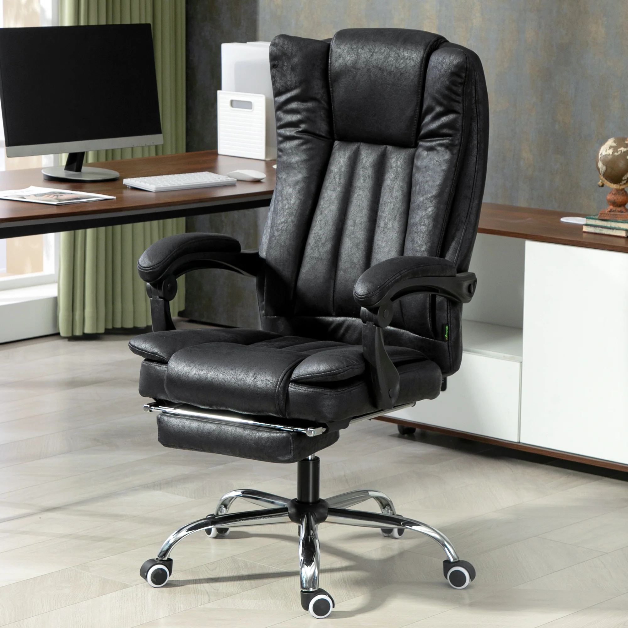 Microfibre Reclining Computer Desk Chair with Footrest & Wheels for Home Office, Black - Image 3