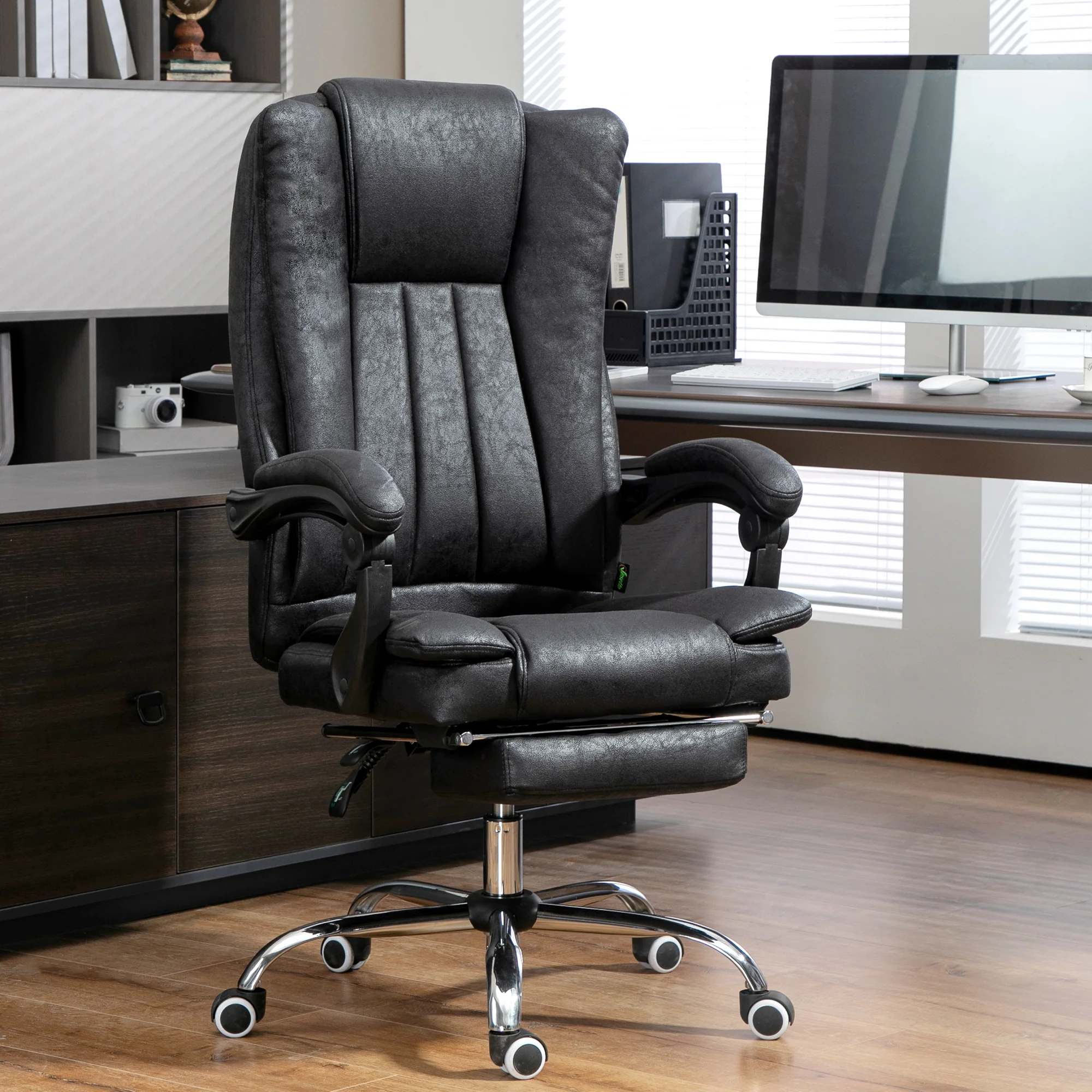 Microfibre Reclining Computer Desk Chair with Footrest & Wheels for Home Office, Black - Image 4