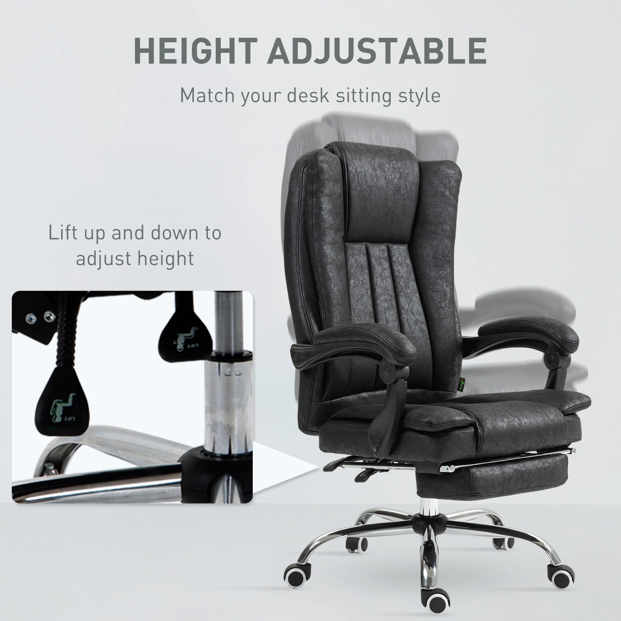 Microfibre Reclining Computer Desk Chair with Footrest & Wheels for Home Office, Black - Image 6
