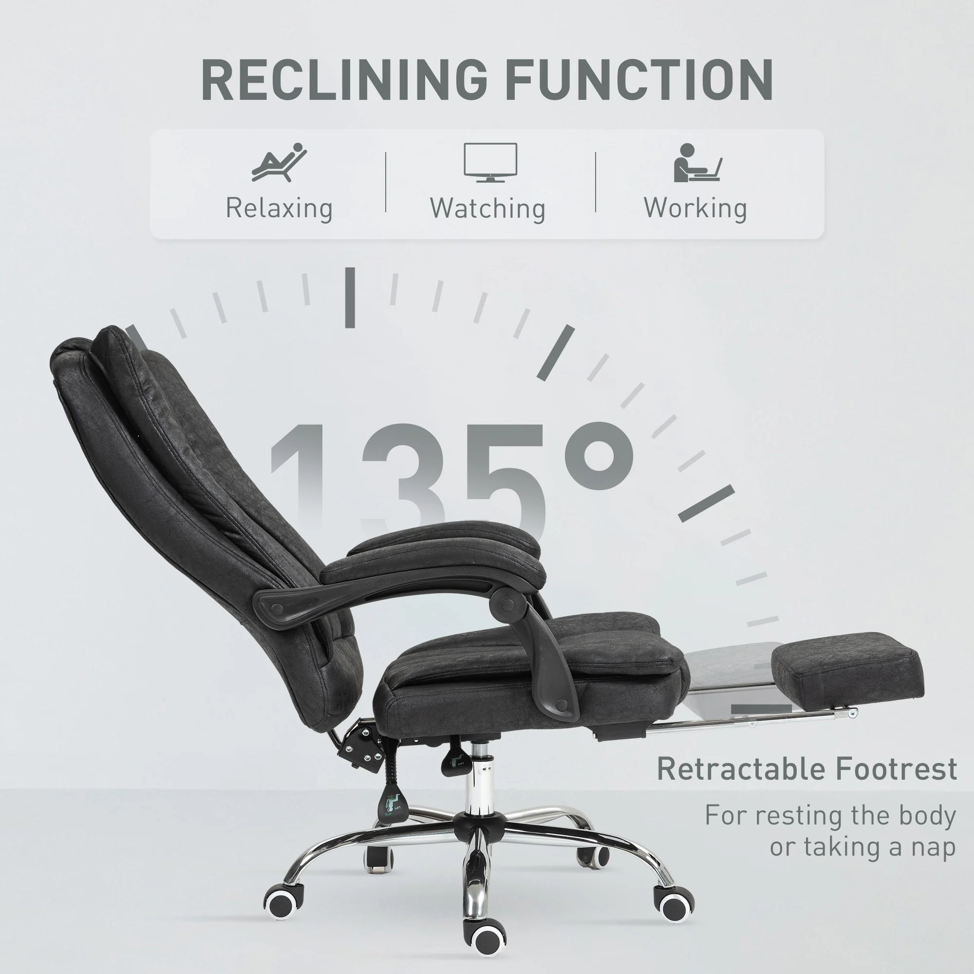Microfibre Reclining Computer Desk Chair with Footrest & Wheels for Home Office, Black - Image 7