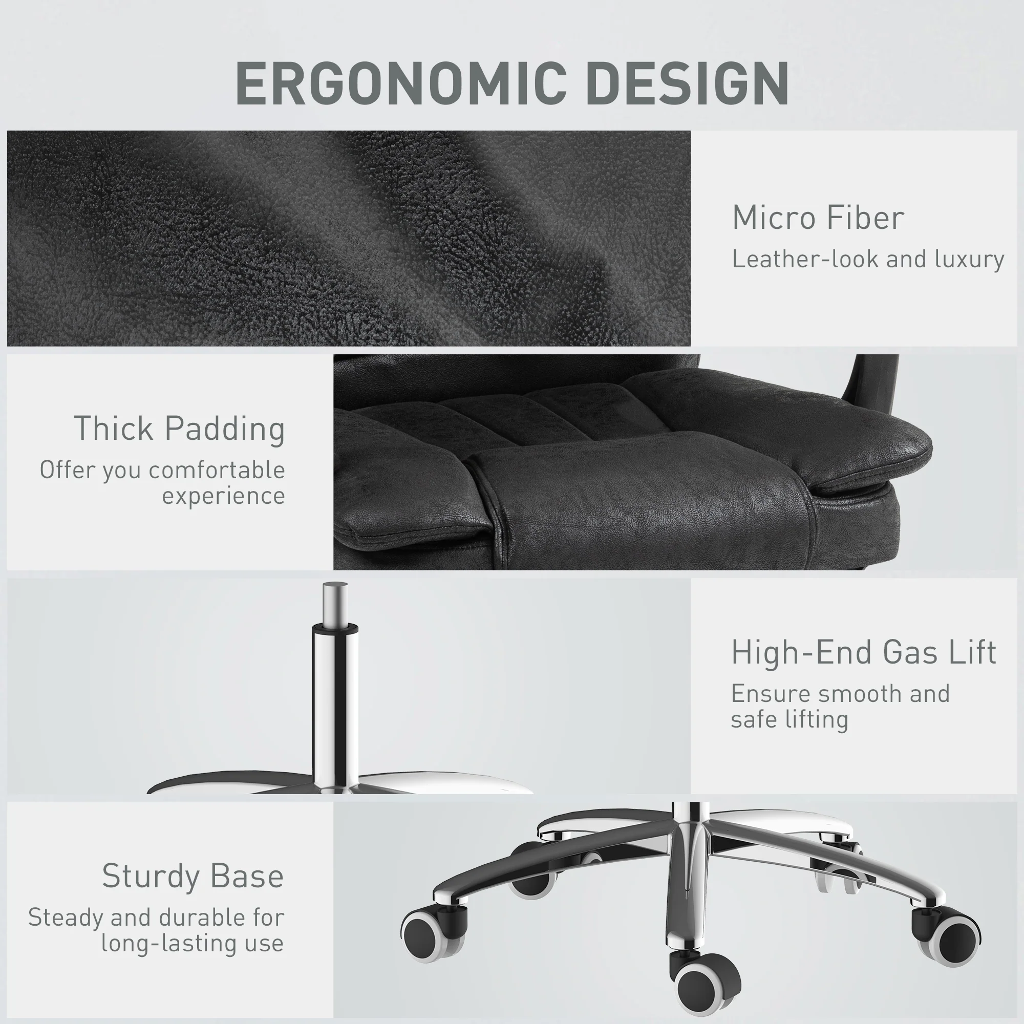 Microfibre Reclining Computer Desk Chair with Footrest & Wheels for Home Office, Black - Image 9