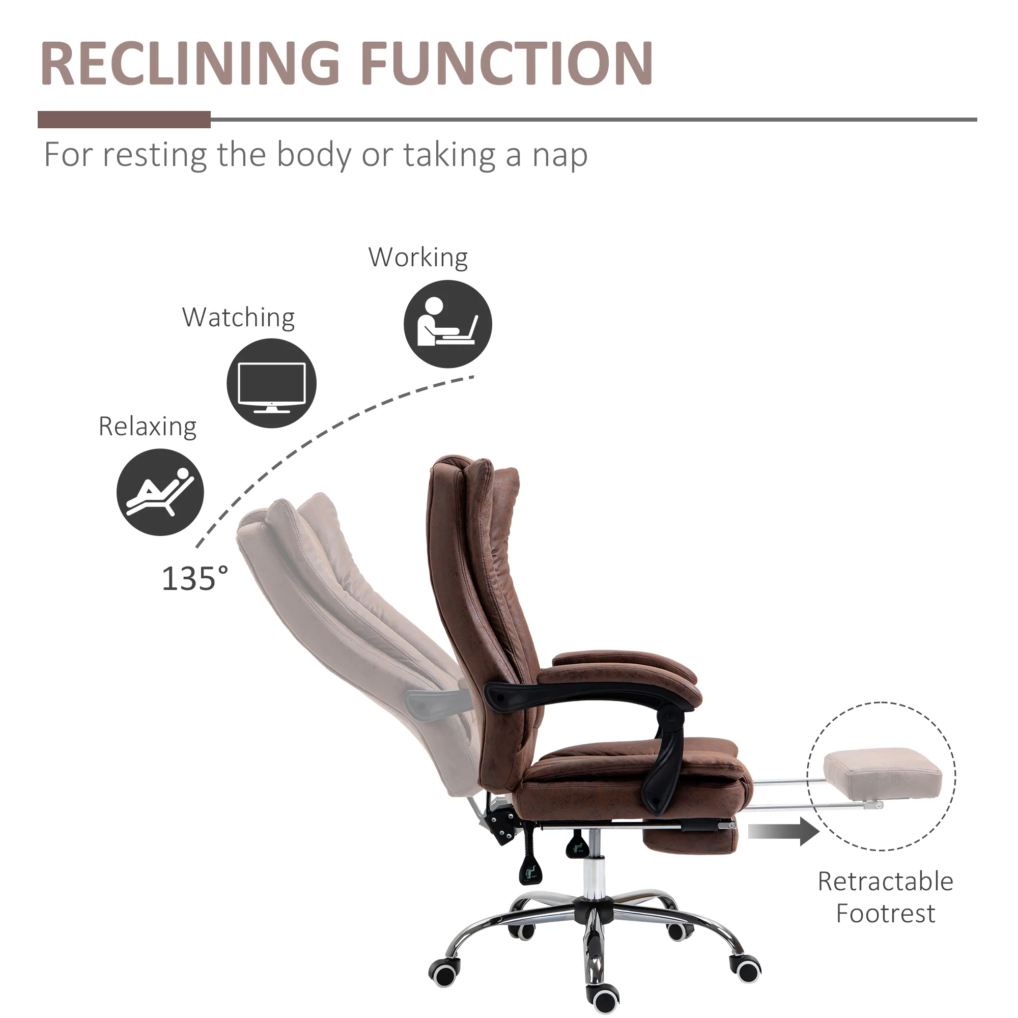 Microfibre Reclining Computer Desk Chair with Footrest & Wheels for Home Office, Brown - Image 7